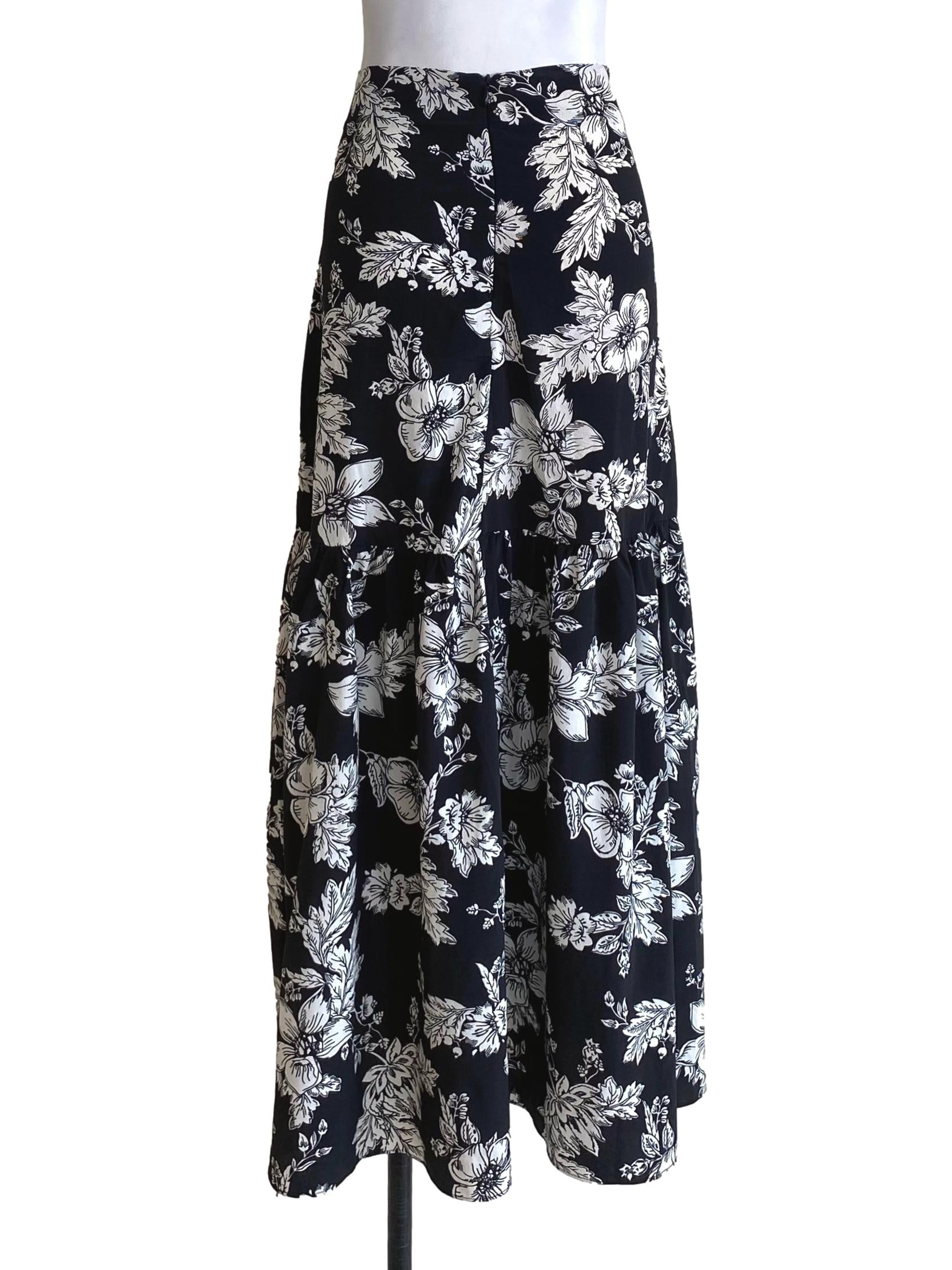 Sable Black With White Floral Pattern Gypsy Wrap Ruffle Skirt