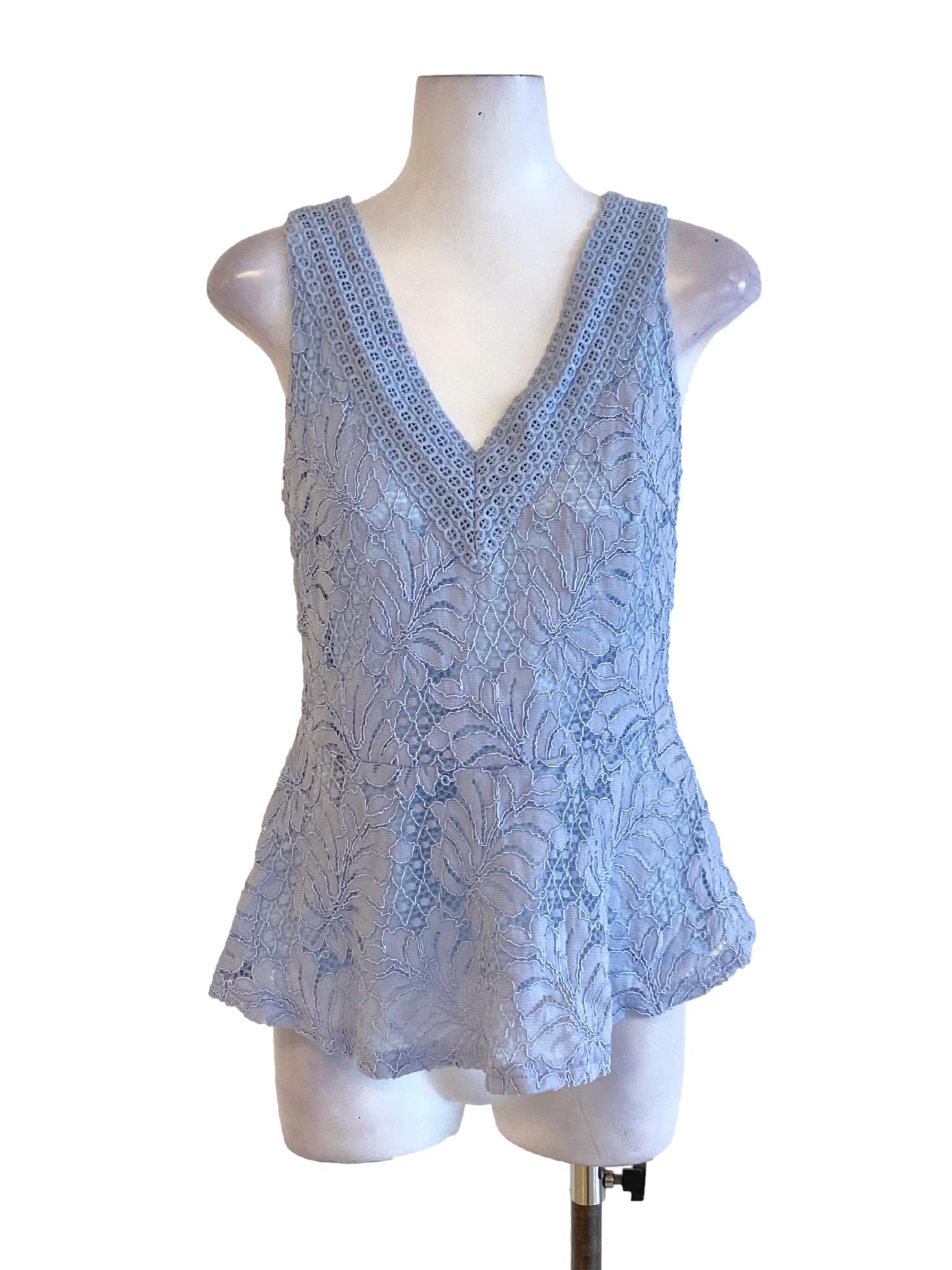 Light Sky Blue Floral Lace V-Neck Cloud Hem Top