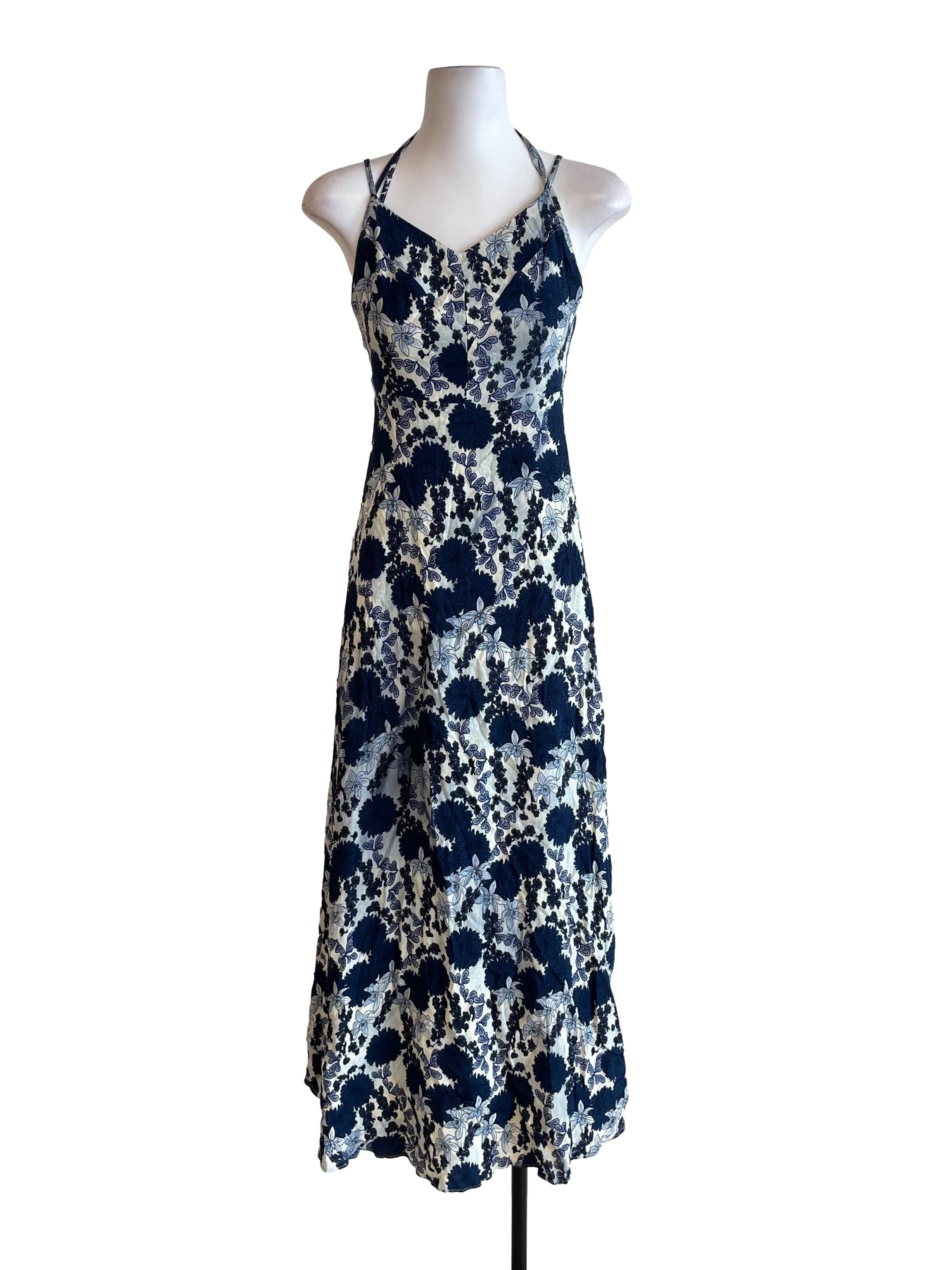 Ivory & Navy Floral Halter Neck Dress