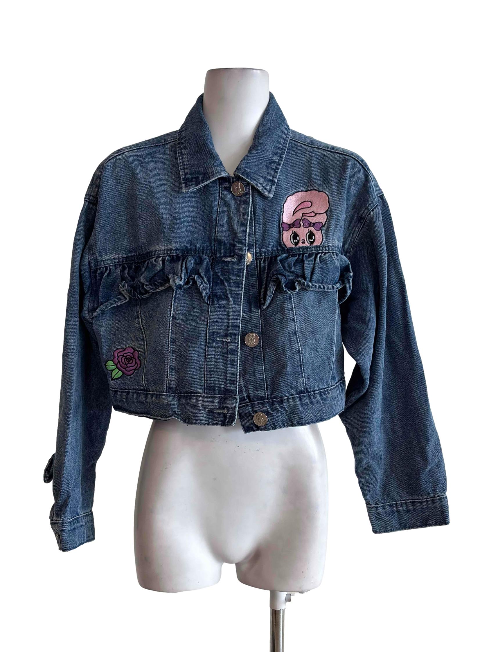 Blue Embroidered Cropped Denim Jacket