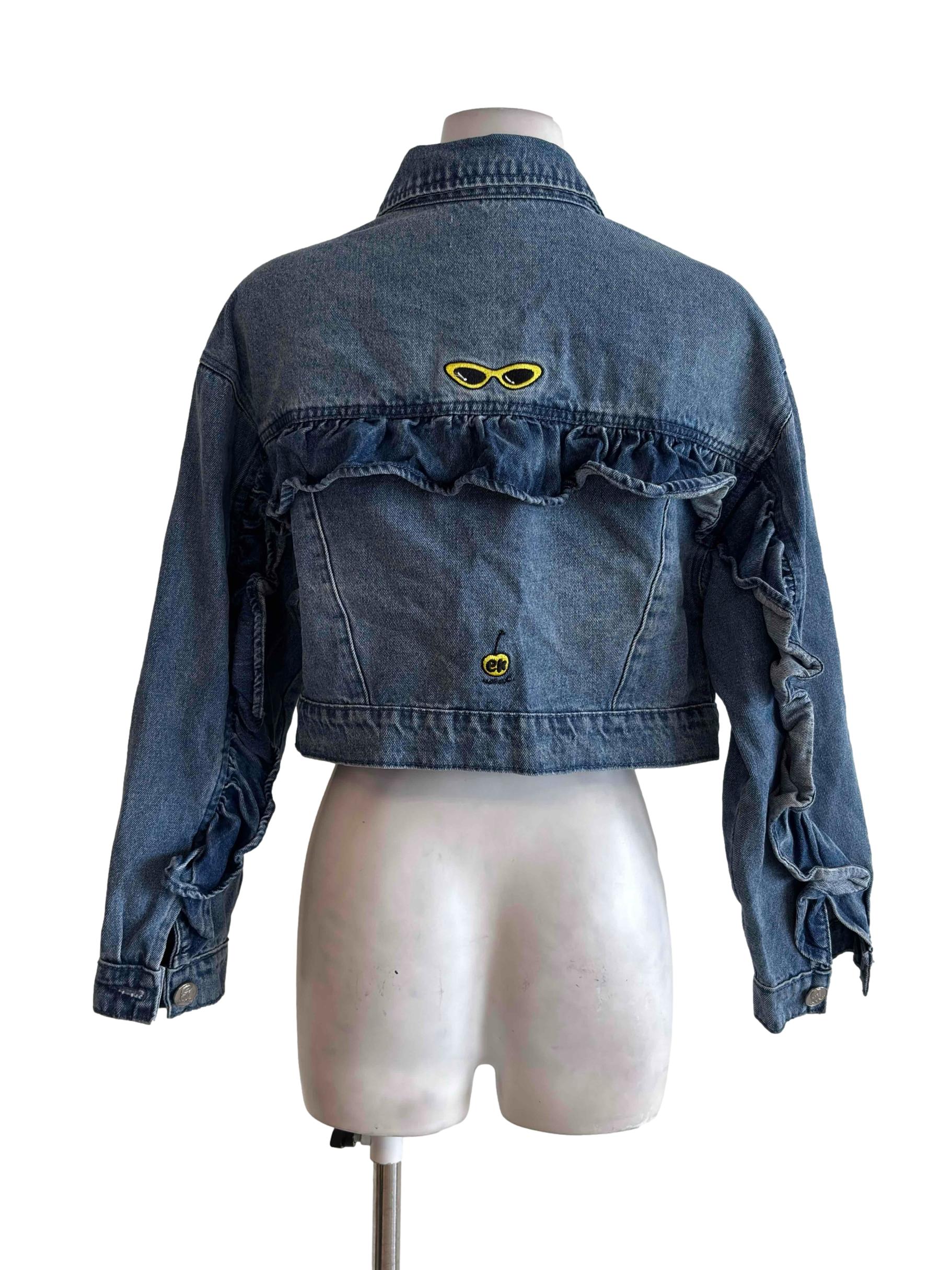 Blue Embroidered Cropped Denim Jacket