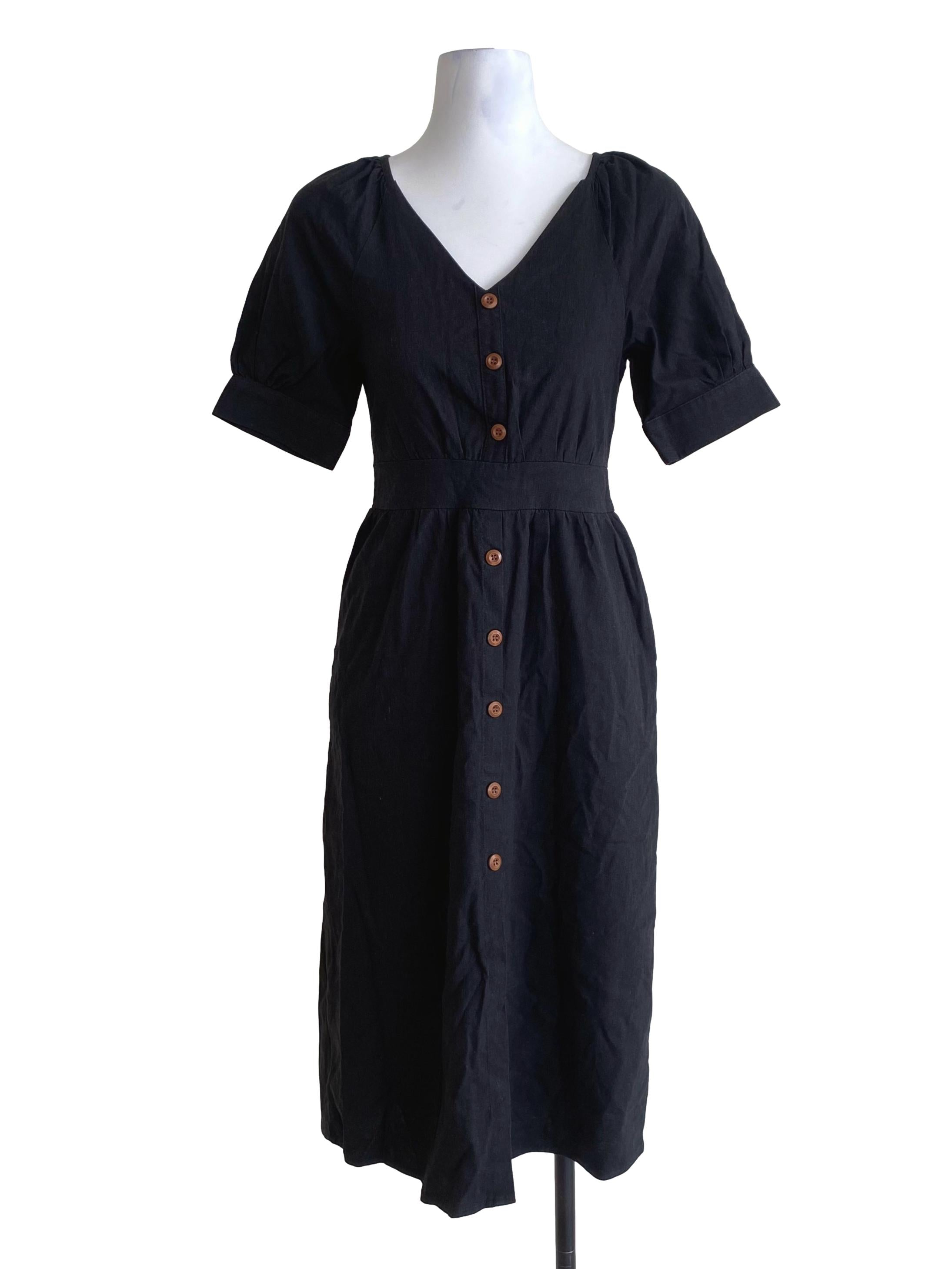 Pitch Black Front Slit With Decorative Wood Button Down Dress