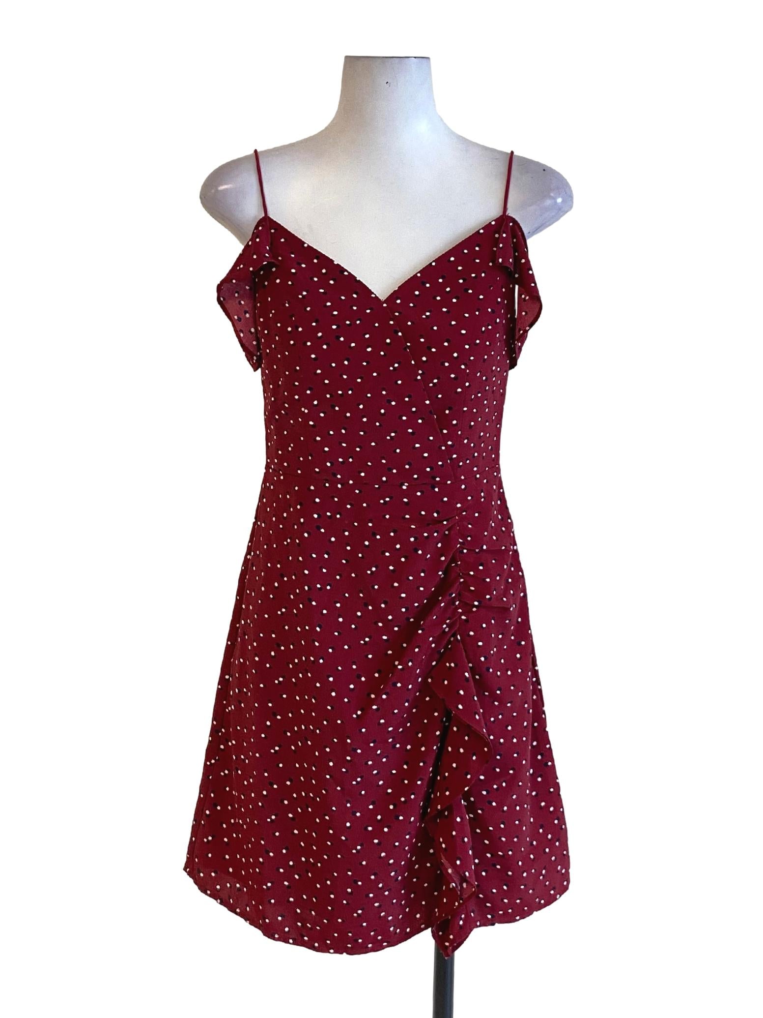 Wine Red Polka Dot Off Shoulder Spaghetti Strap Ruffle Detail Dress LB