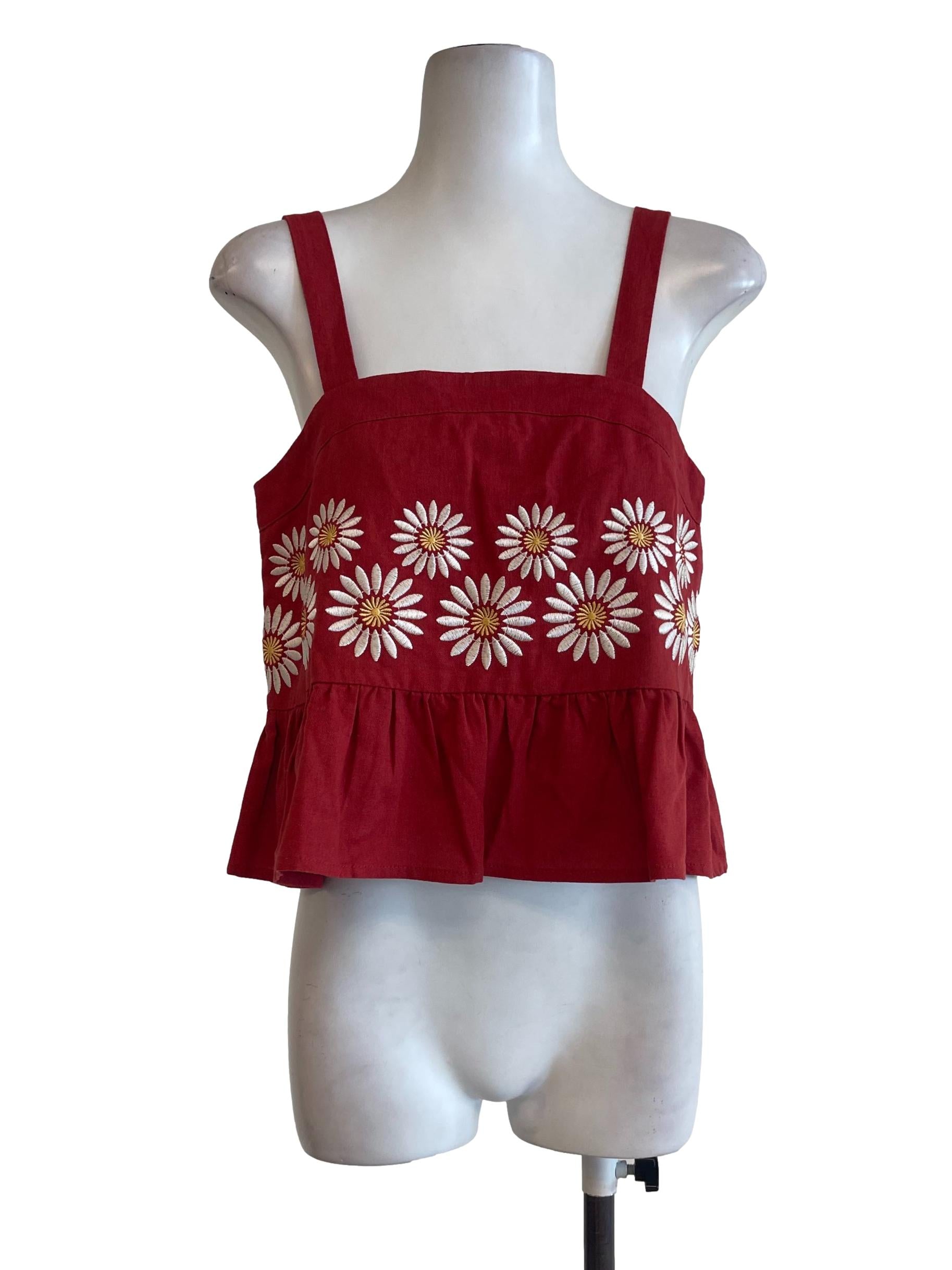 Red Embroidered Floral Doll Top