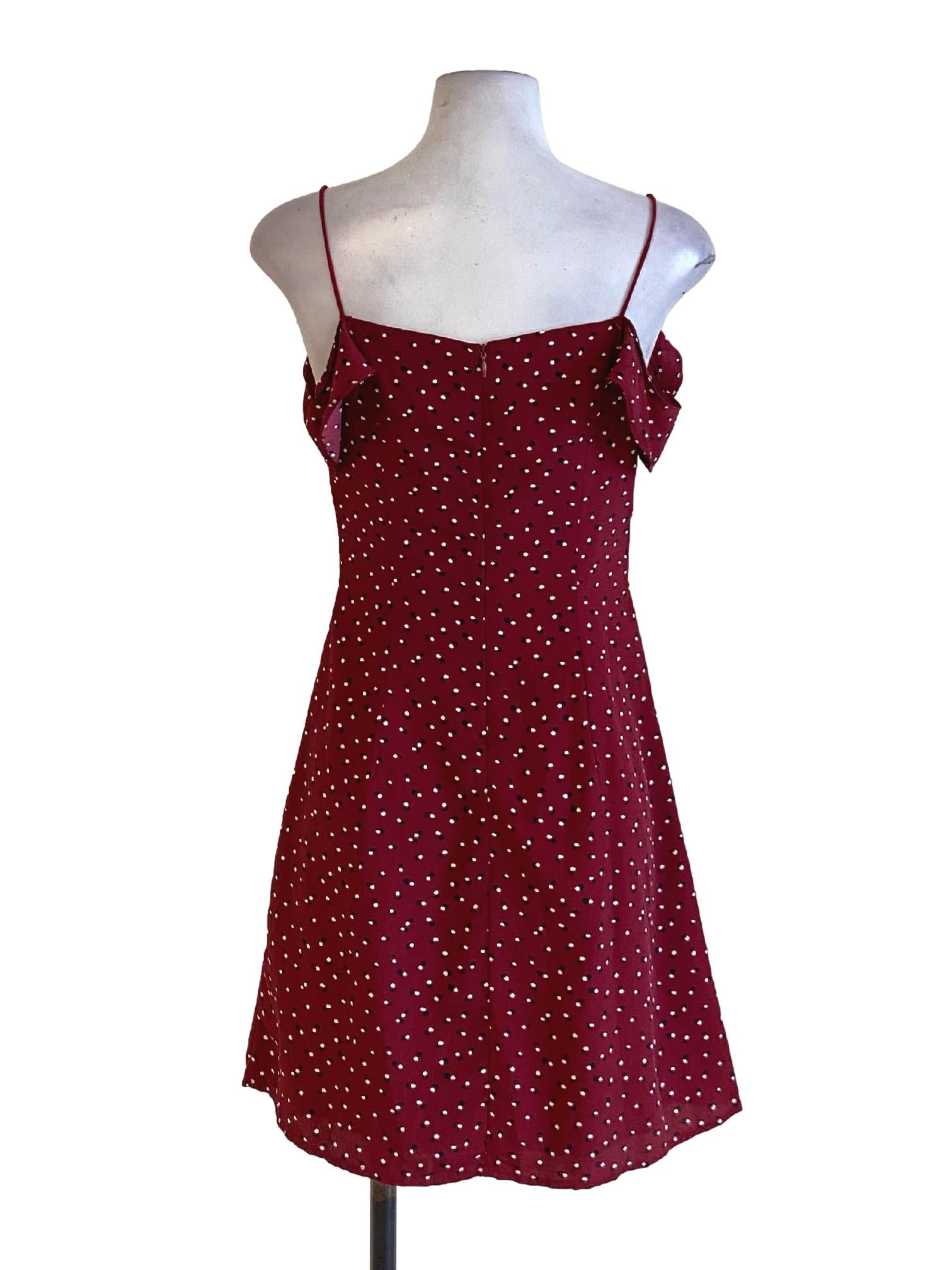Wine Red Polka Dot Off Shoulder Spaghetti Strap Ruffle Detail Dress LB