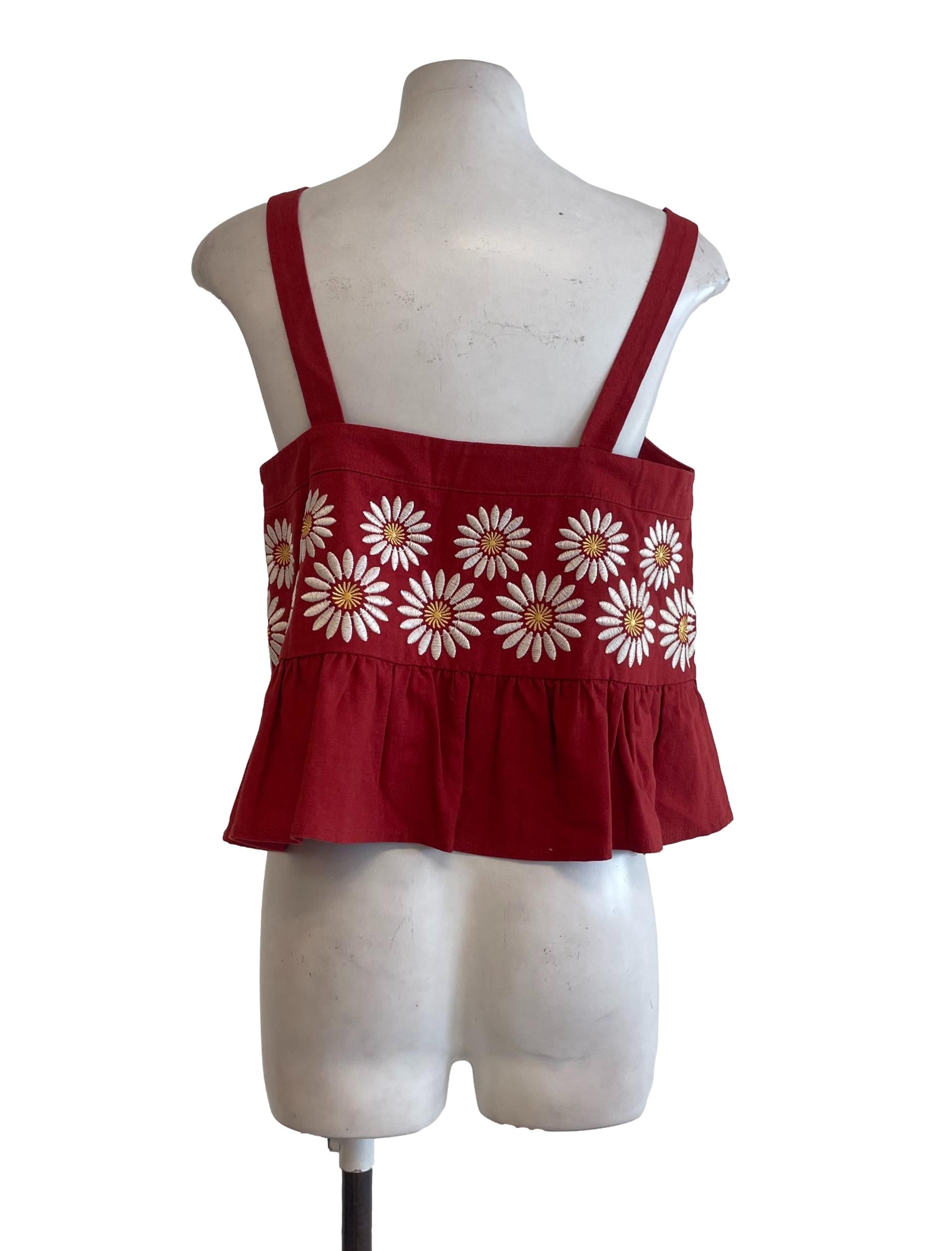 Red Embroidered Floral Doll Top