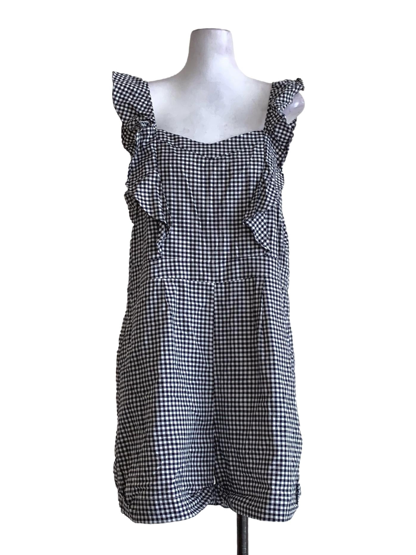 Navy Blue Plaid Pattern Ruffle Sleeves Rompers