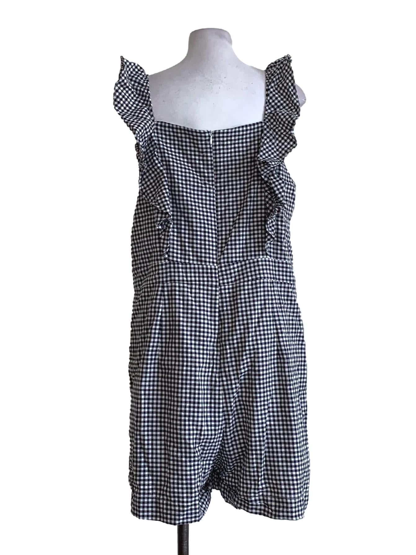 Navy Blue Plaid Pattern Ruffle Sleeves Rompers