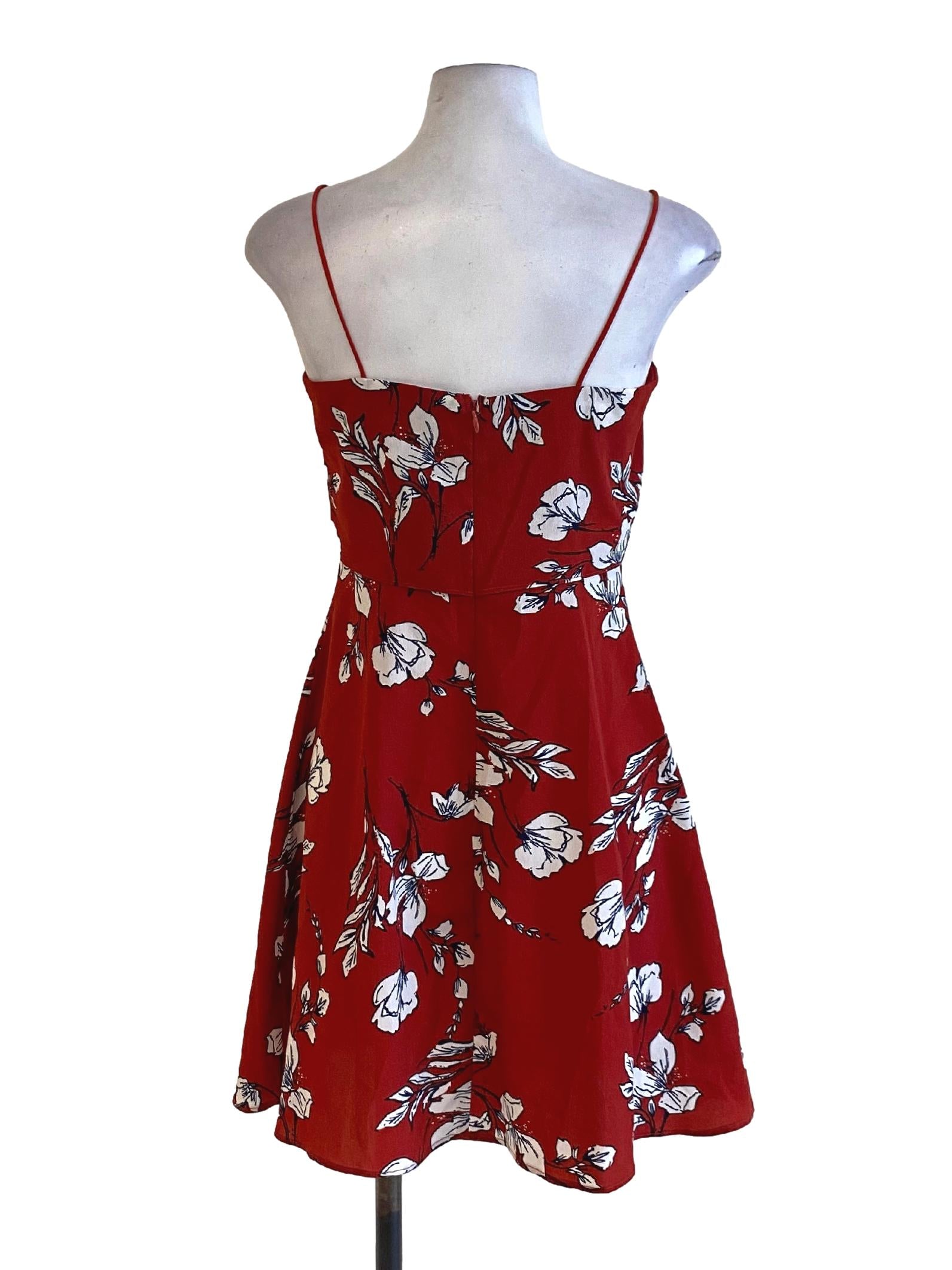 Dark Blush Red Floral Spaghetti Strap Bow Bust A-Line Dress LB
