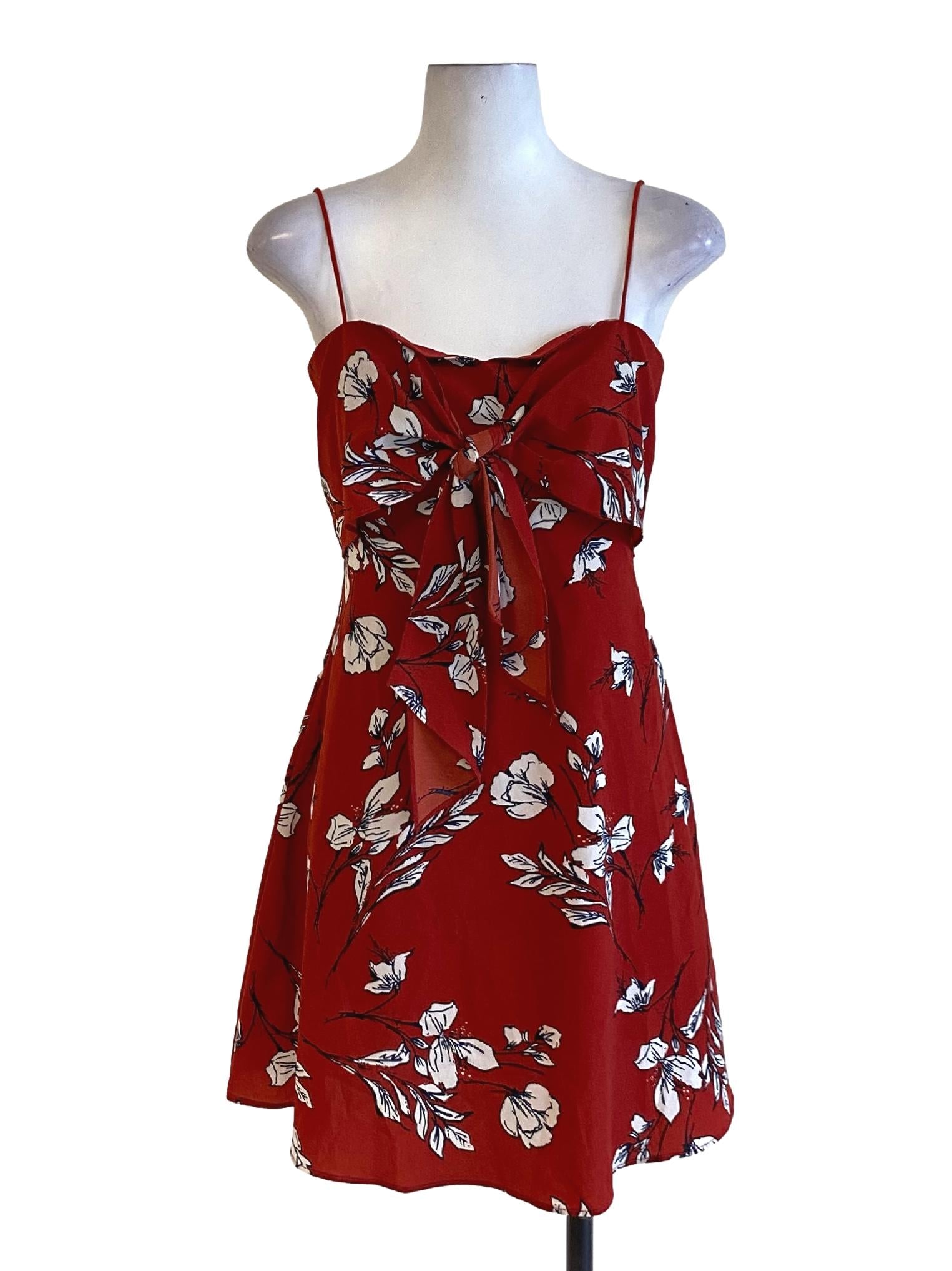 Dark Blush Red Floral Spaghetti Strap Bow Bust A-Line Dress LB