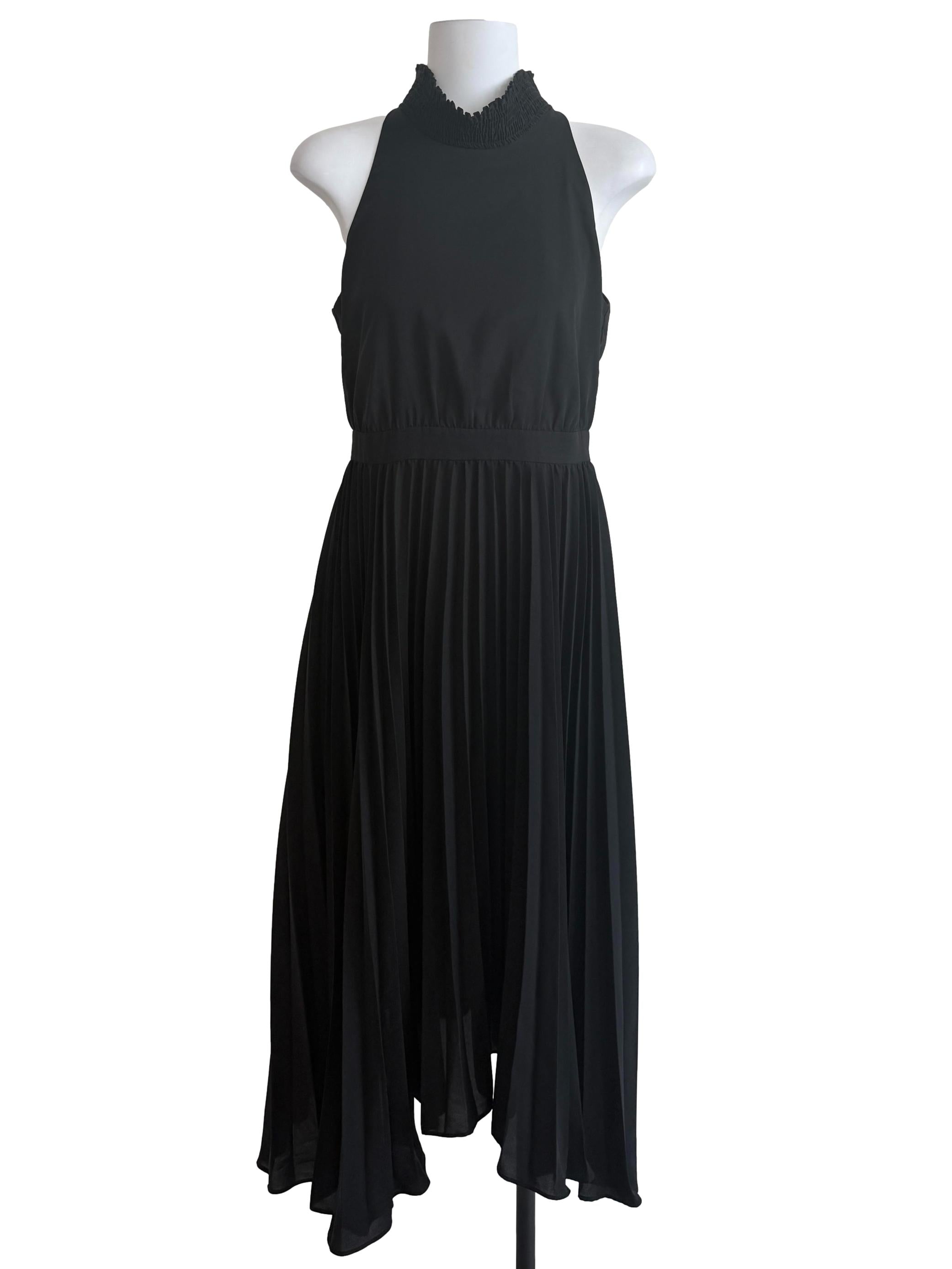 Black Halter Neck Pleated Dress