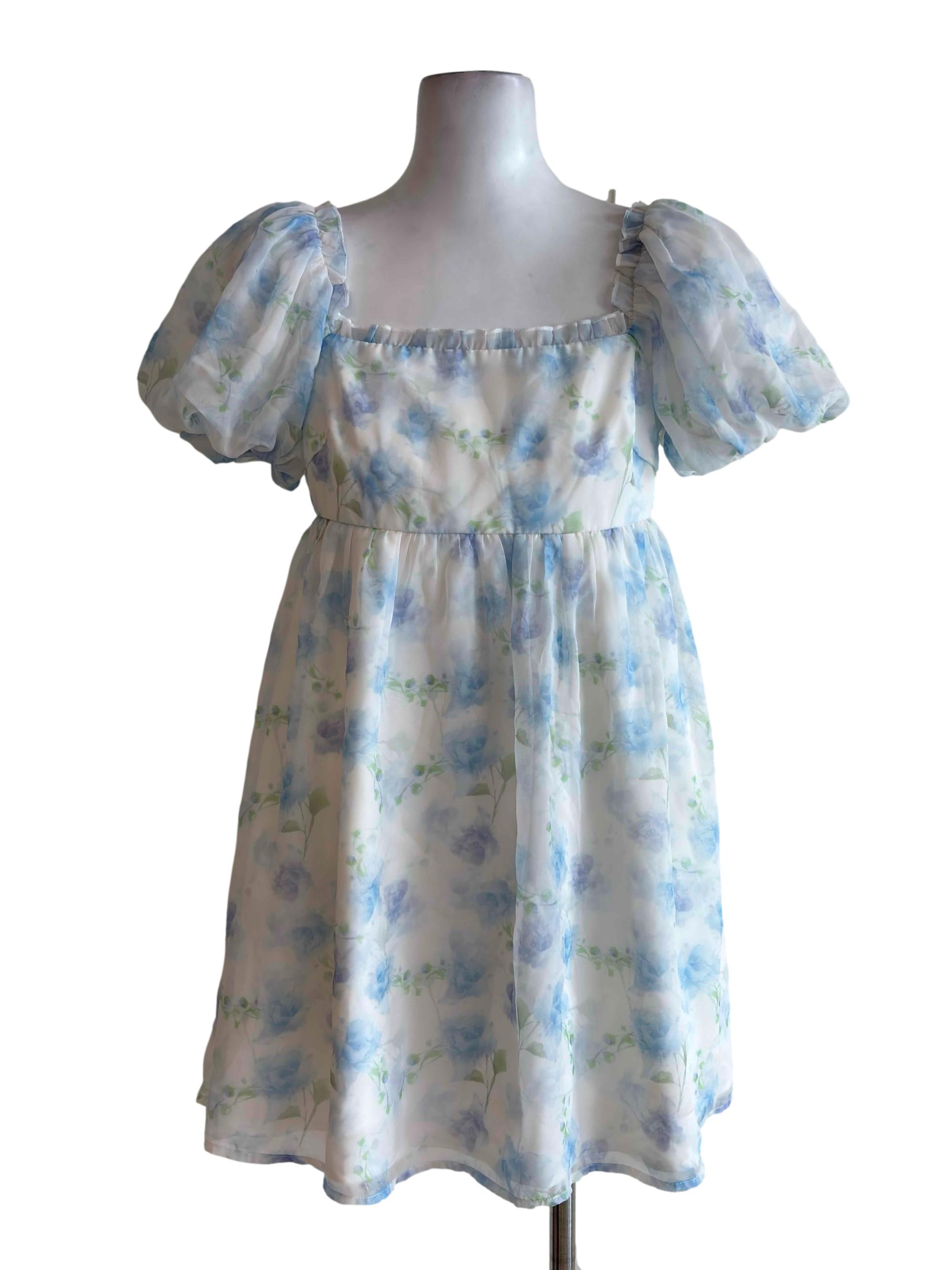 White Floral Puff Sleeve Mini Dress