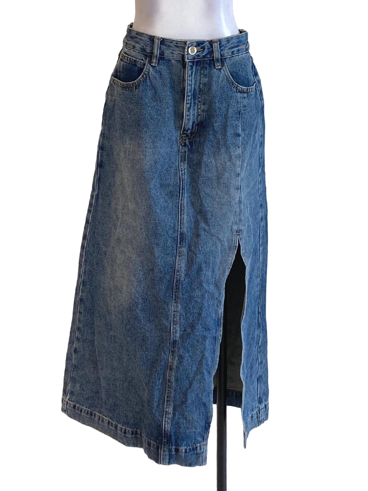 Dark Denim Blue Buttoned Waist Slit Jeans Skirt