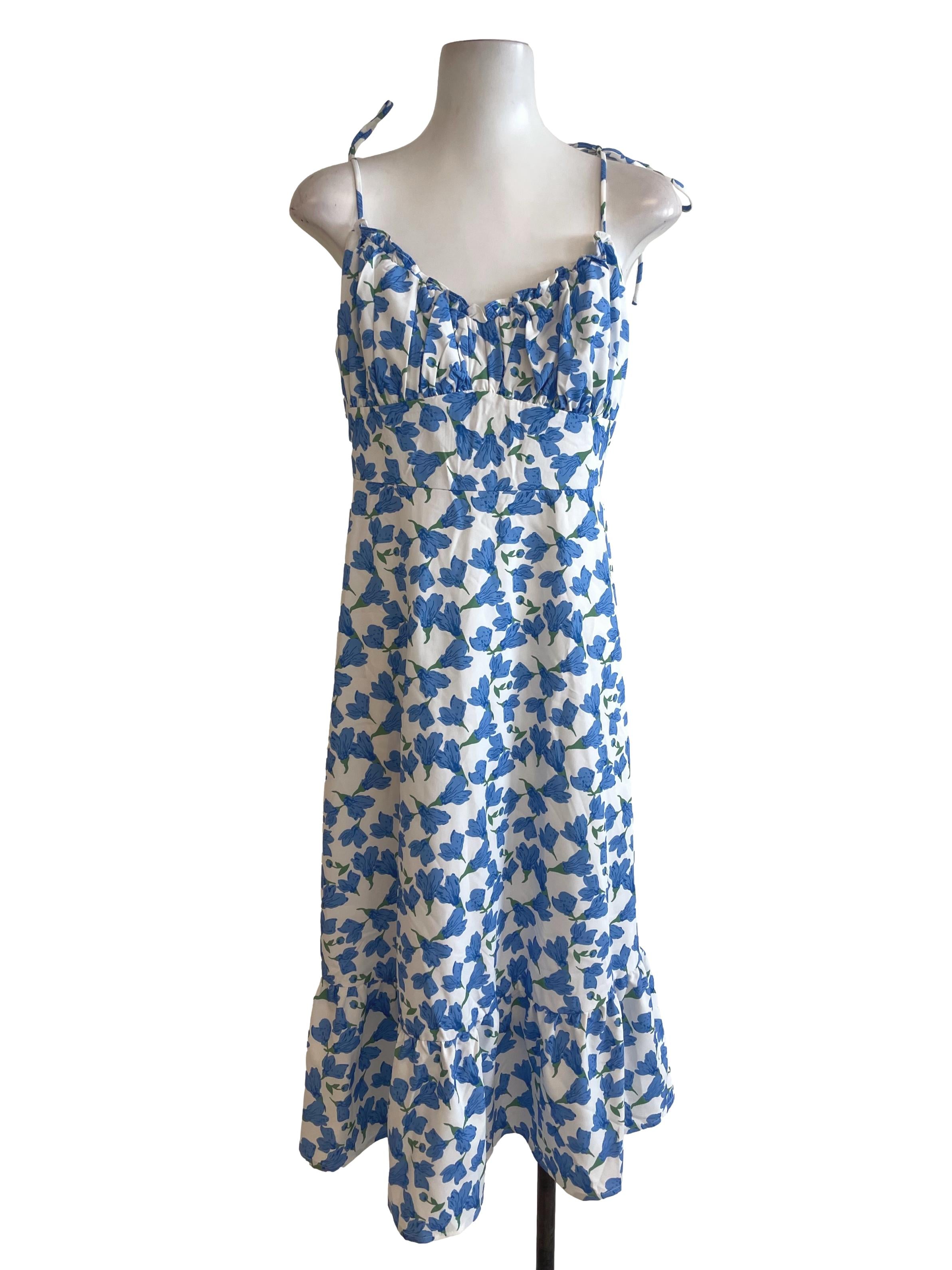 White With Blue Floral Dress