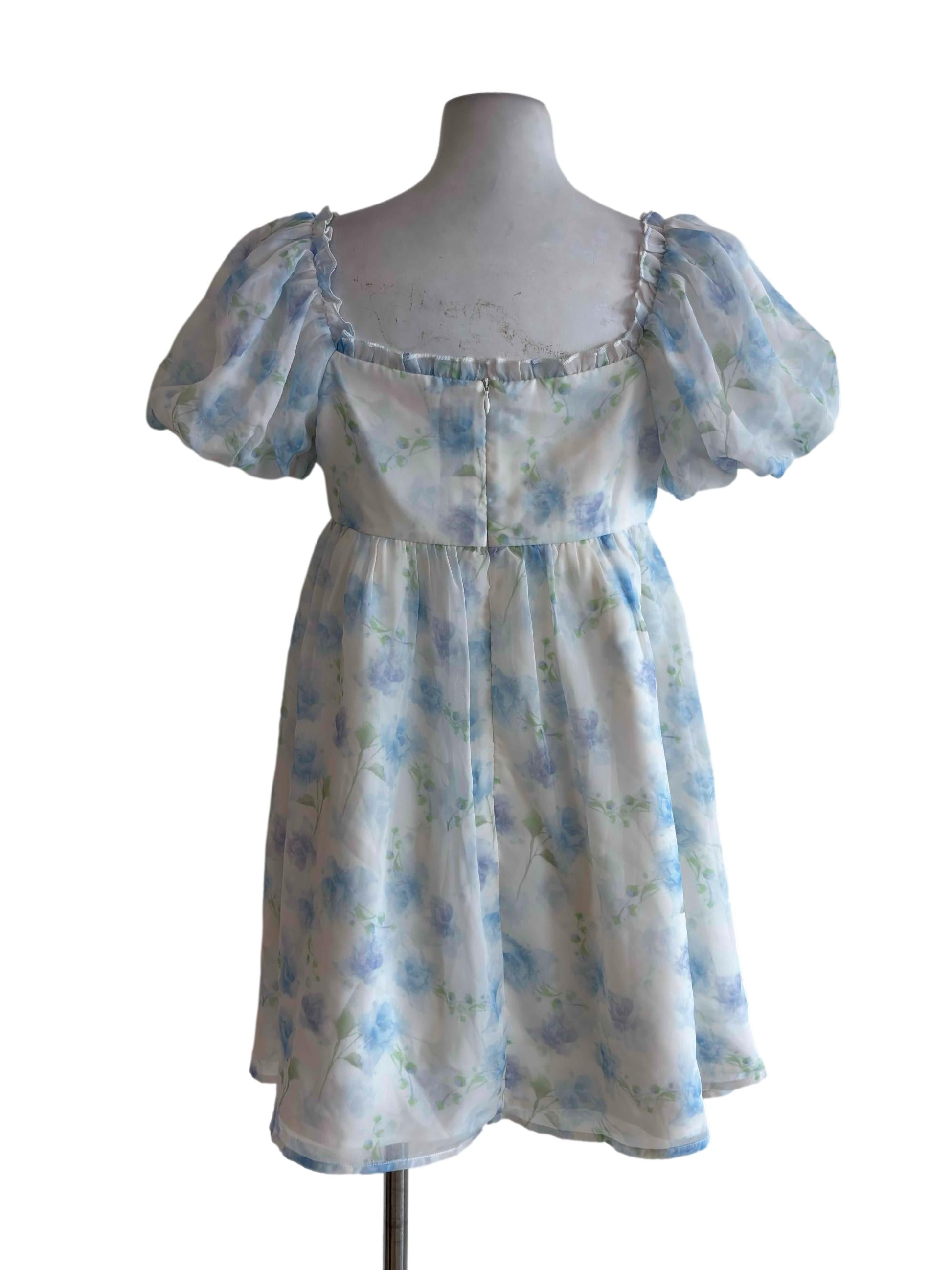 White Floral Puff Sleeve Mini Dress