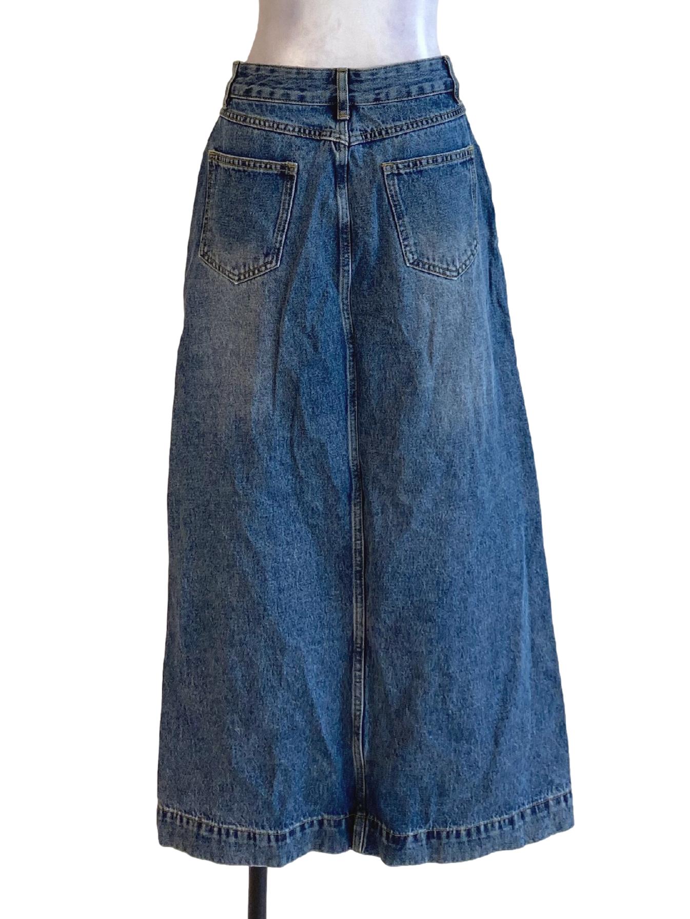 Dark Denim Blue Buttoned Waist Slit Jeans Skirt