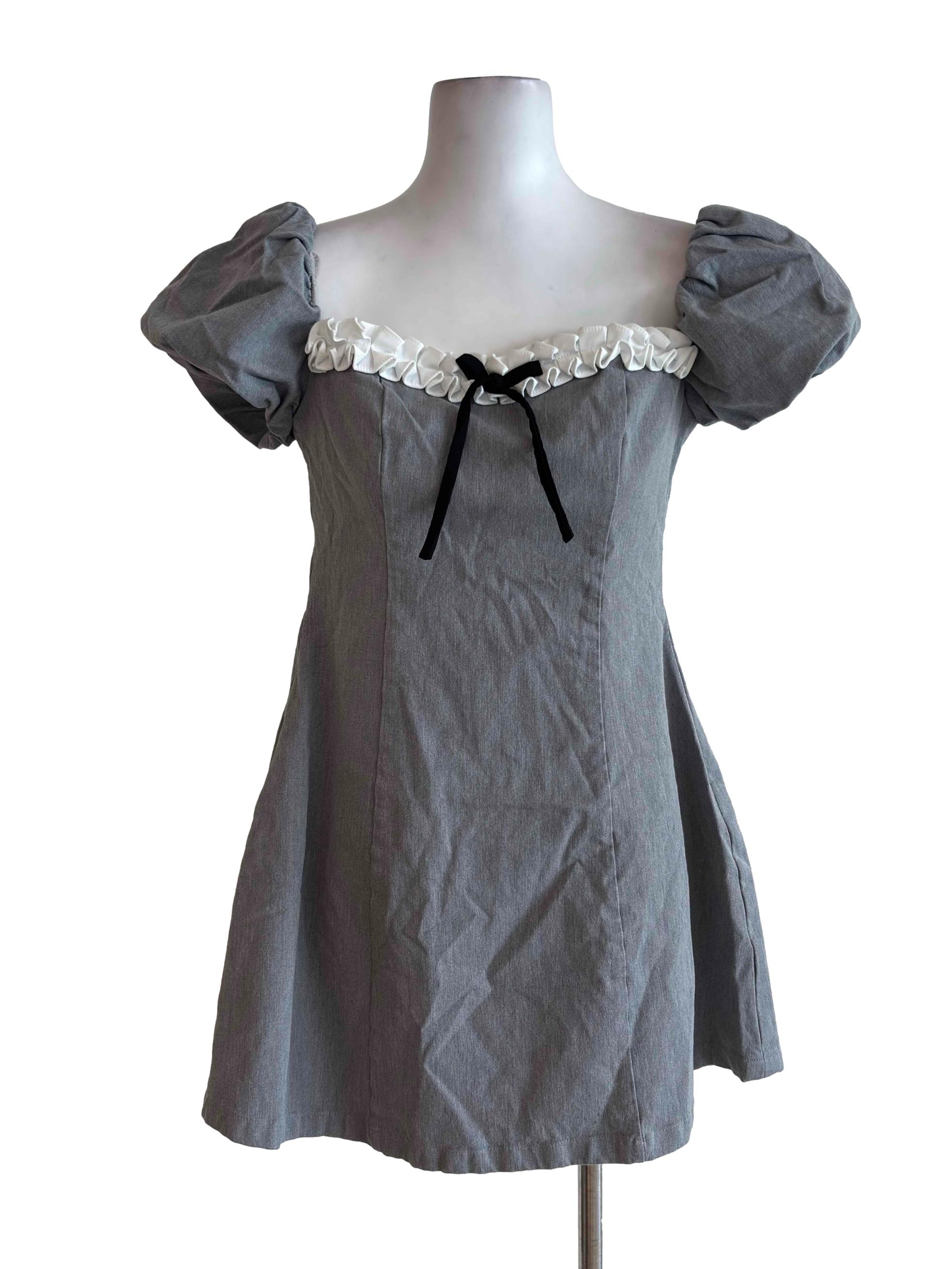 Grey Square Neck Puff Sleeve Mini Dress