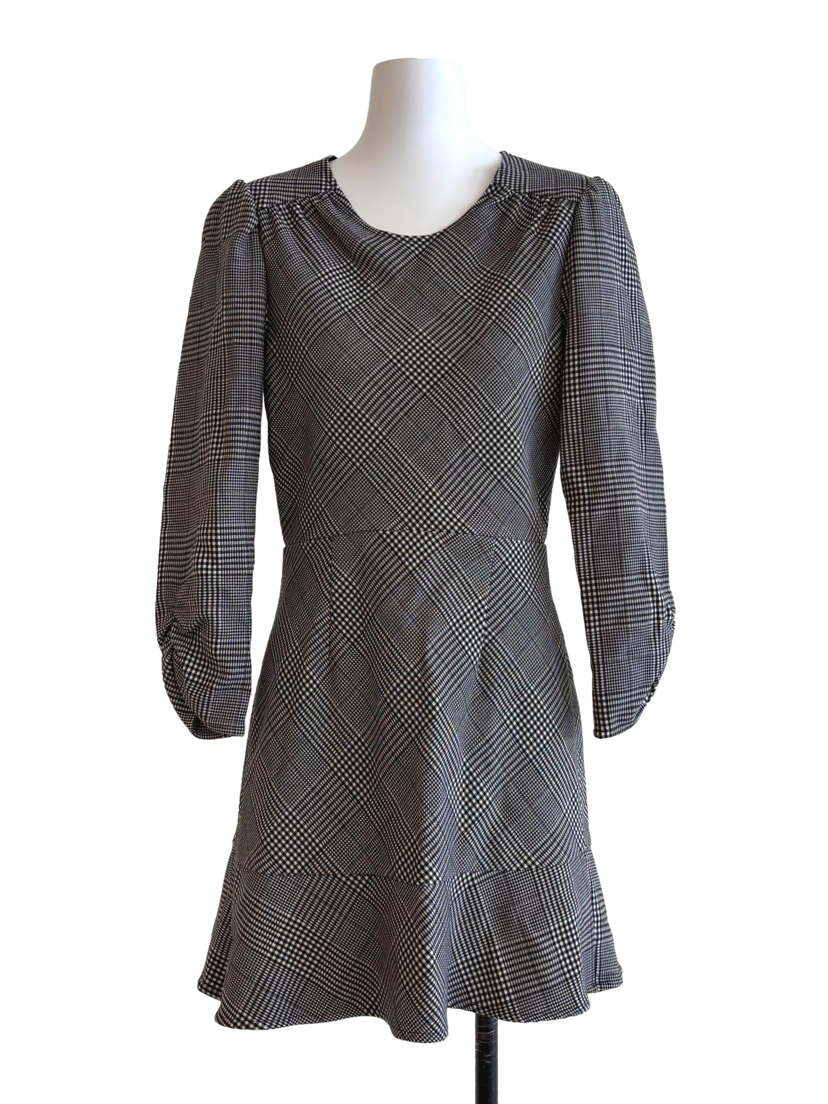 Black And White Long Sleeve Mini Plaid Dress