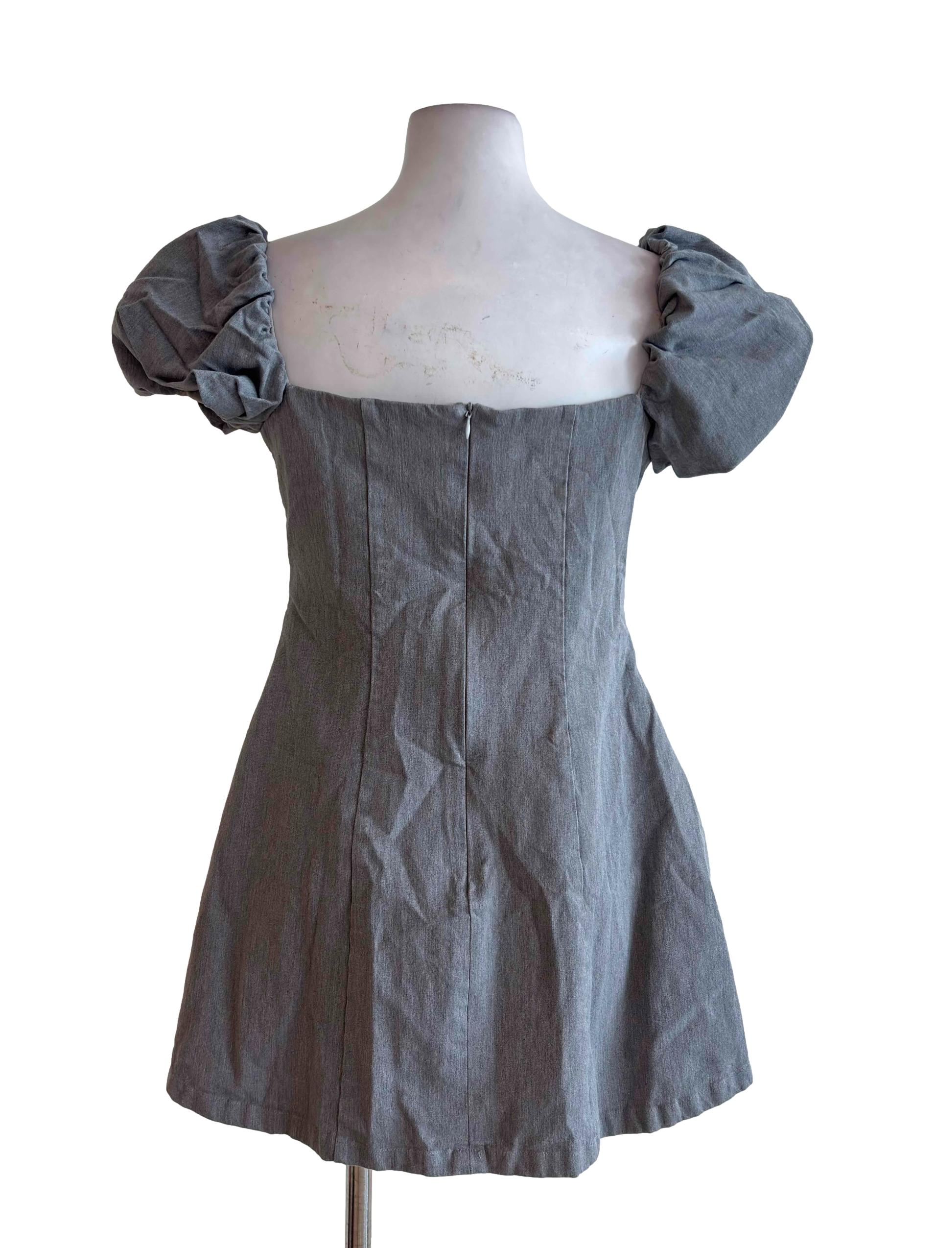 Grey Square Neck Puff Sleeve Mini Dress