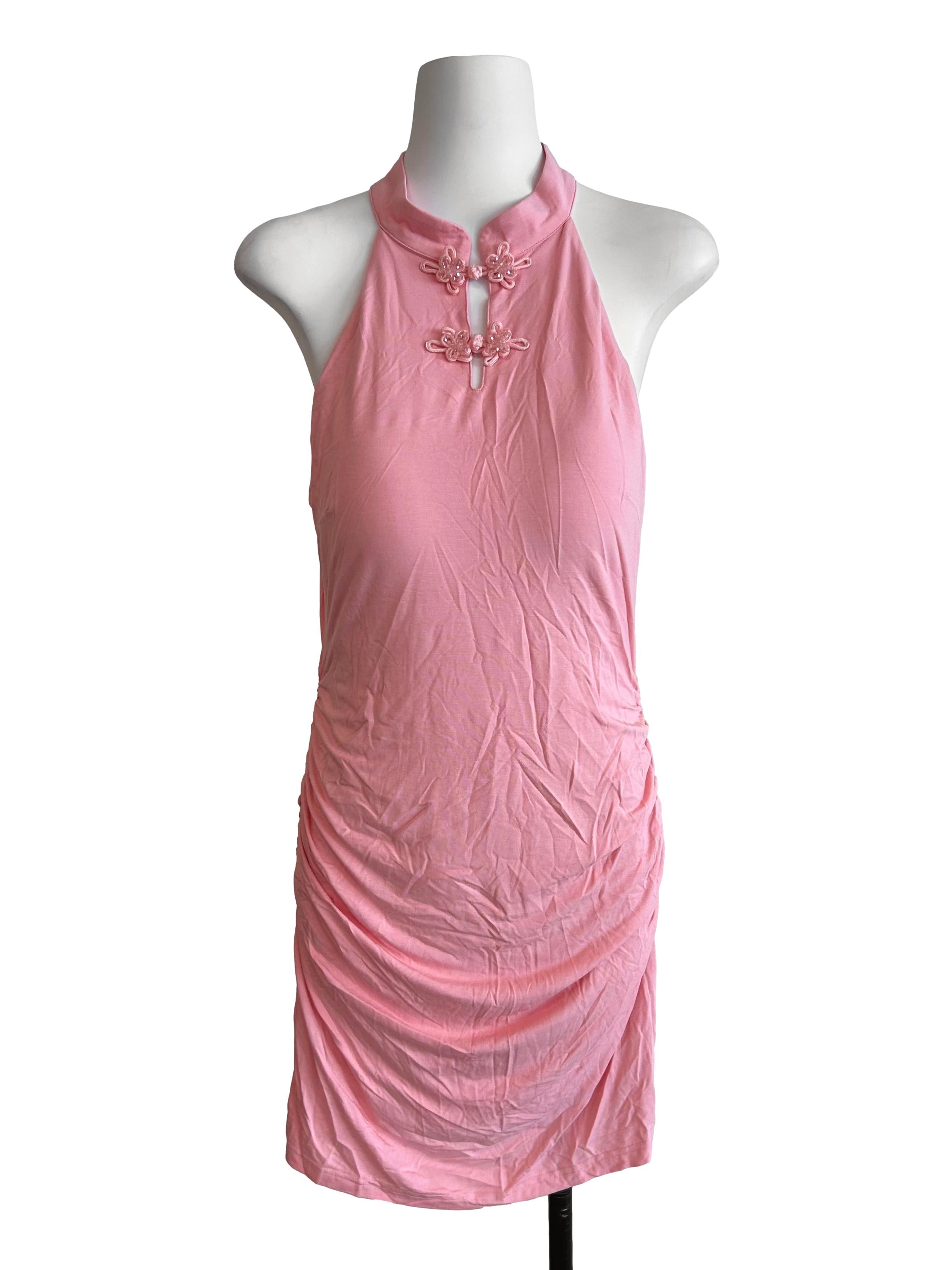 Watermelon Pink Ruched Halter Neck  Dress