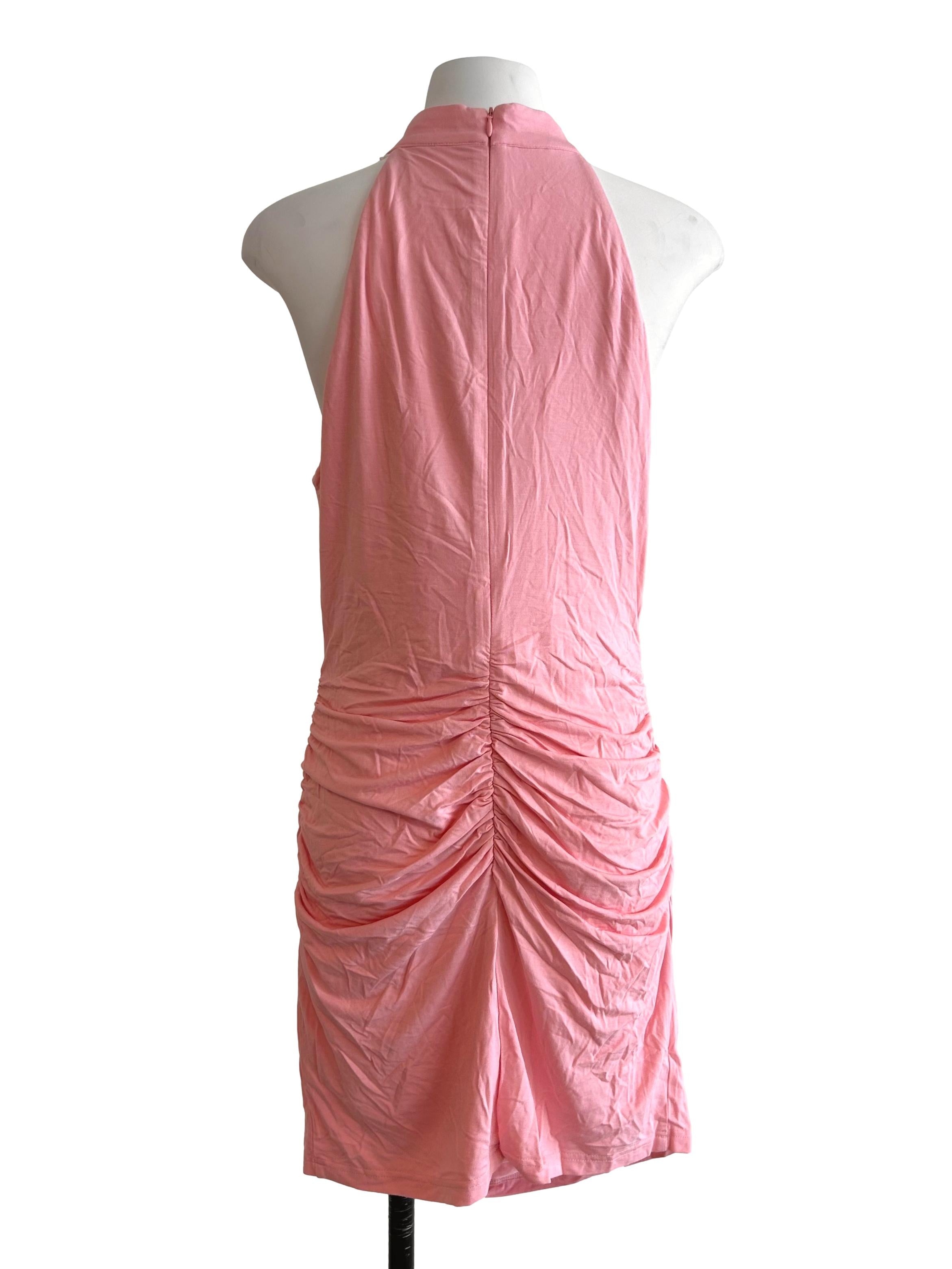Watermelon Pink Ruched Halter Neck  Dress