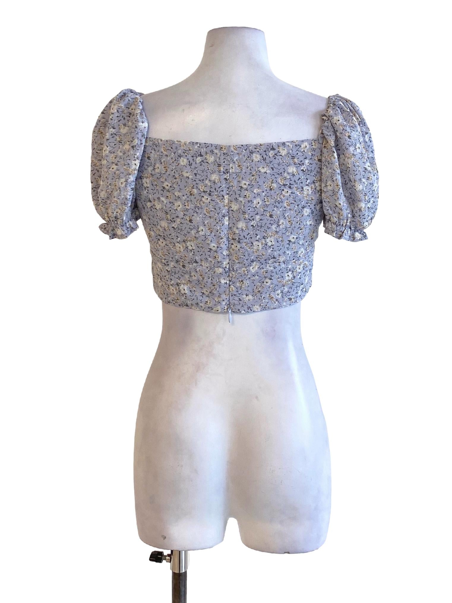 Slate Blue Floral Square Neck Peasant Cropped Top