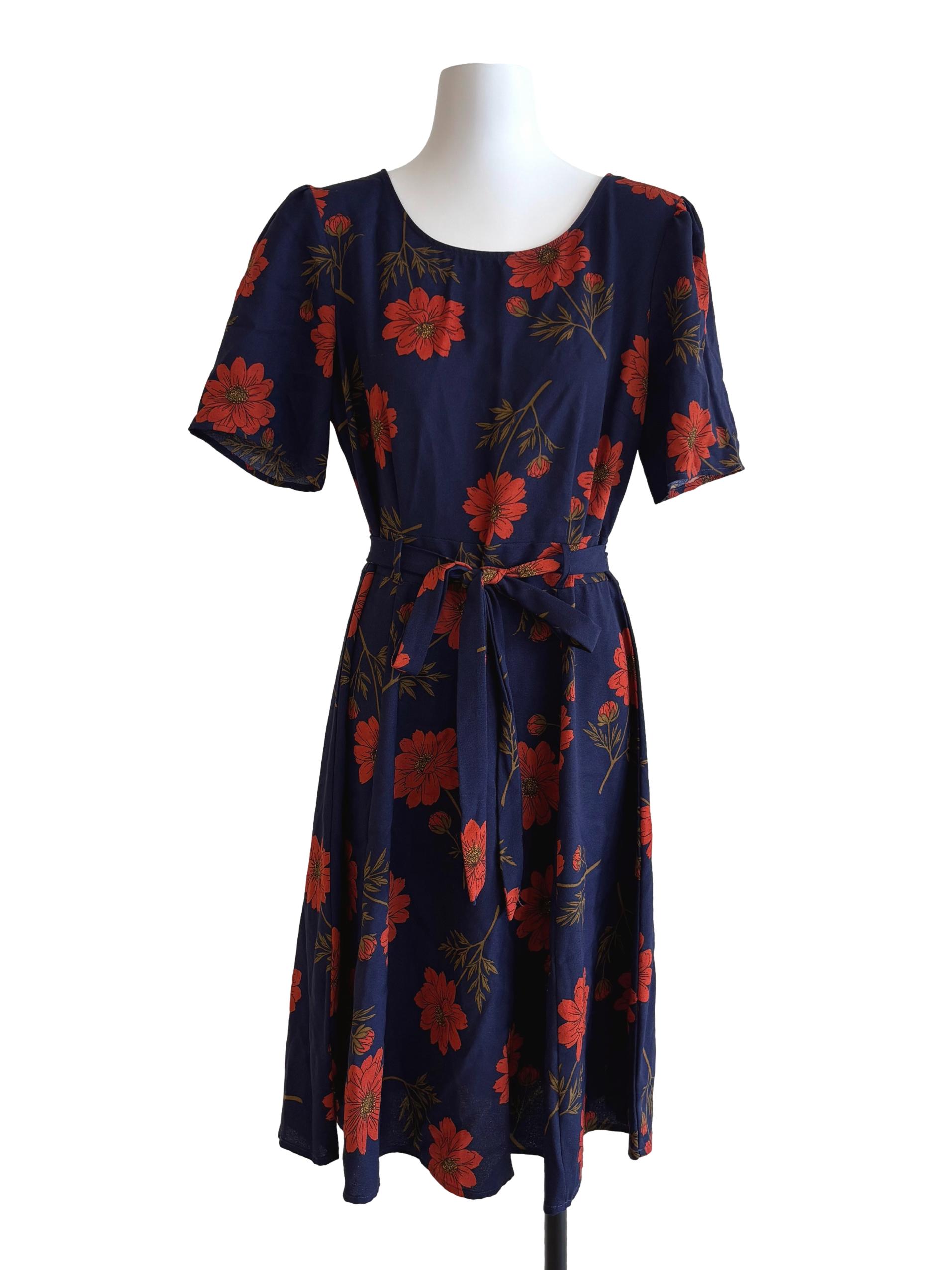 Indigo Blue Red Floral Print A-Line Dress