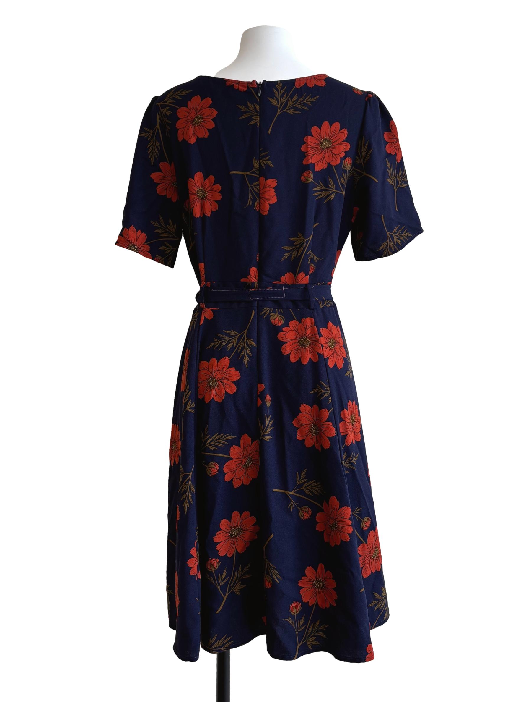Indigo Blue Red Floral Print A-Line Dress