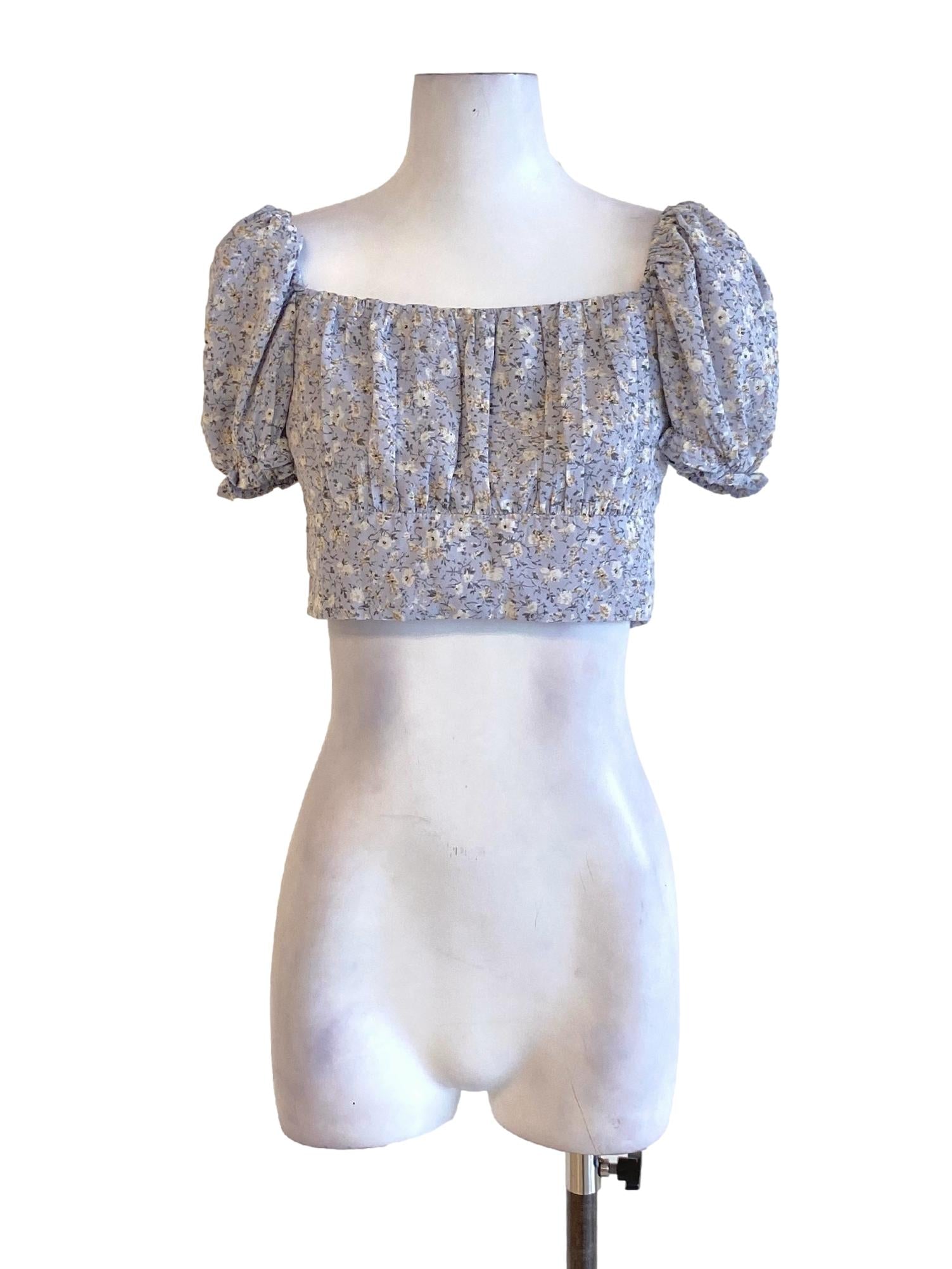 Slate Blue Floral Square Neck Peasant Cropped Top