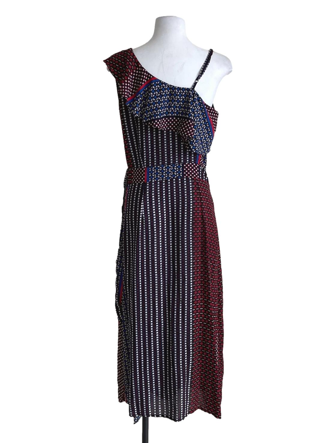 Red & Blue Geo Print Wrap Dress