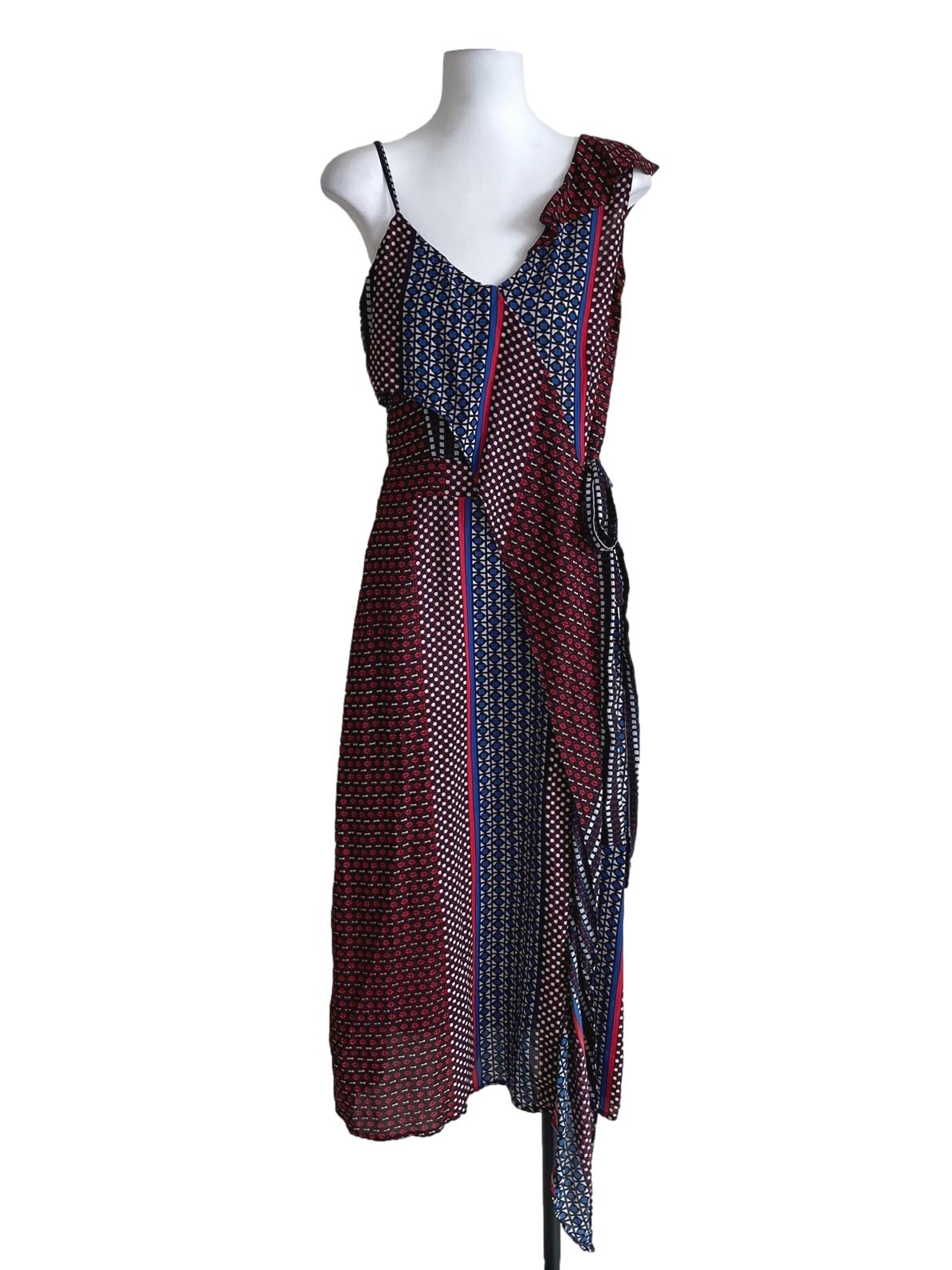 Red & Blue Geo Print Wrap Dress
