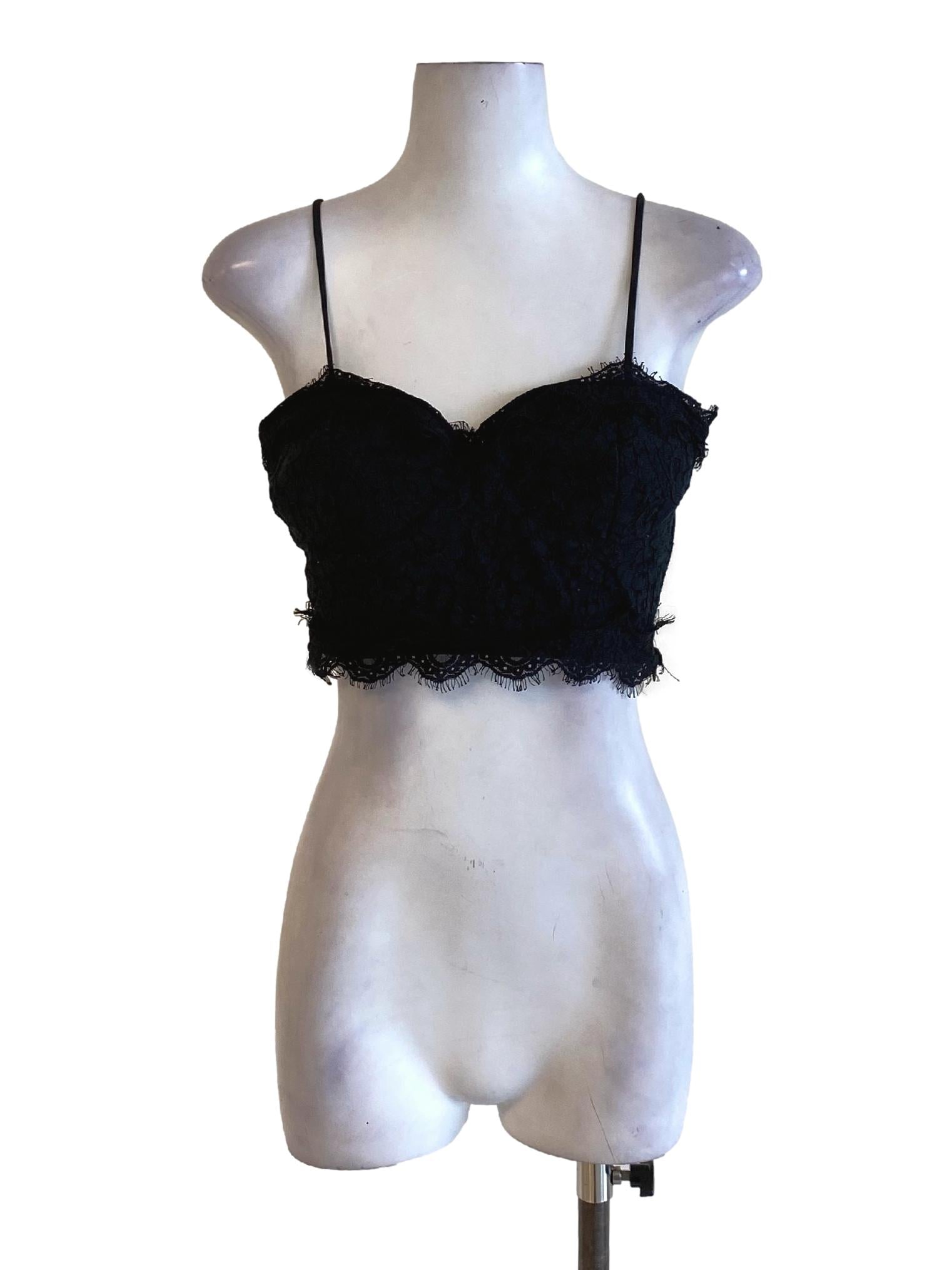 Rich Black Lace Spaghetti Strap Sweetheart Cropped Top