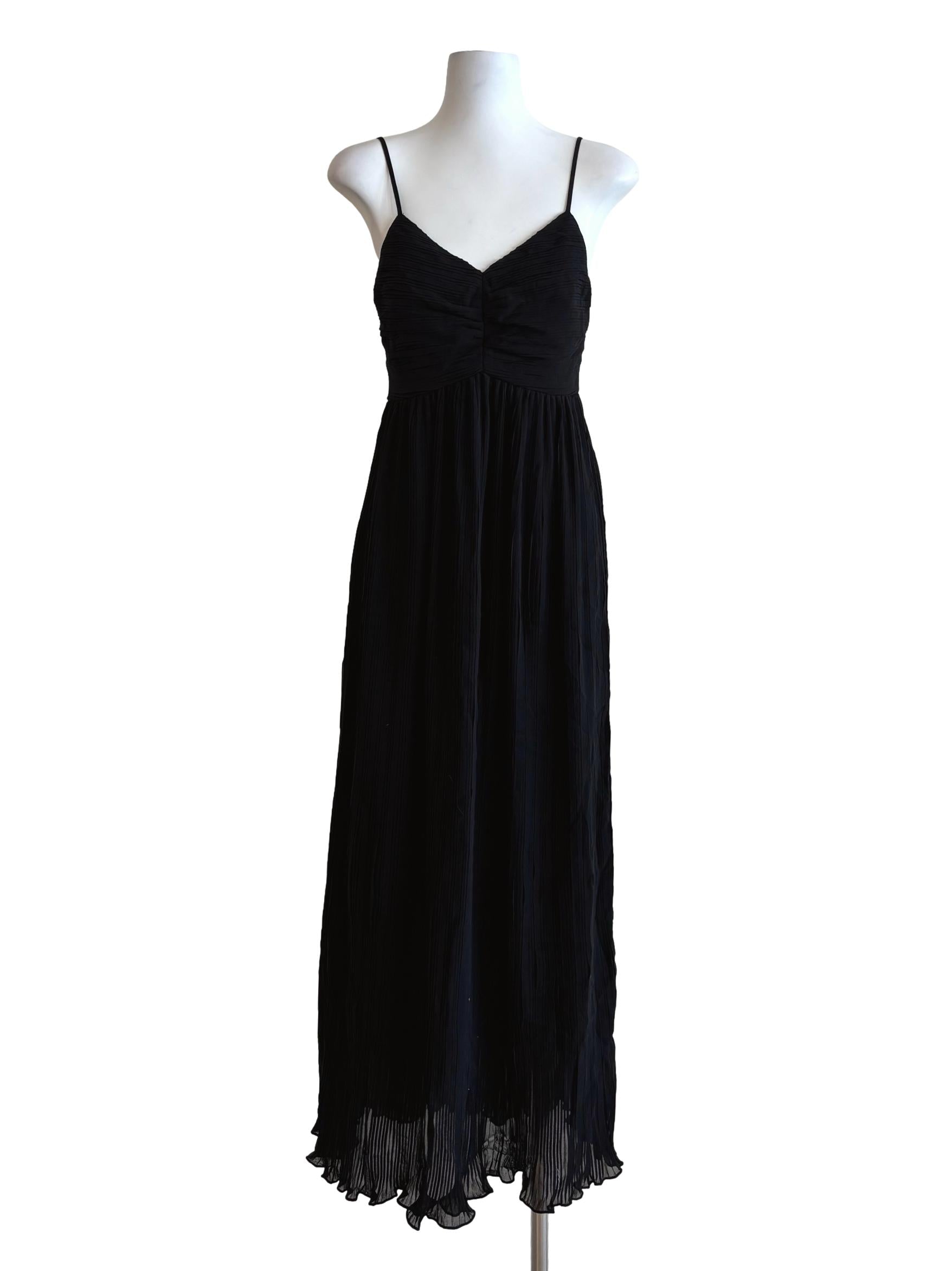 Rich Black Spaghetti Strap Pleated Dress