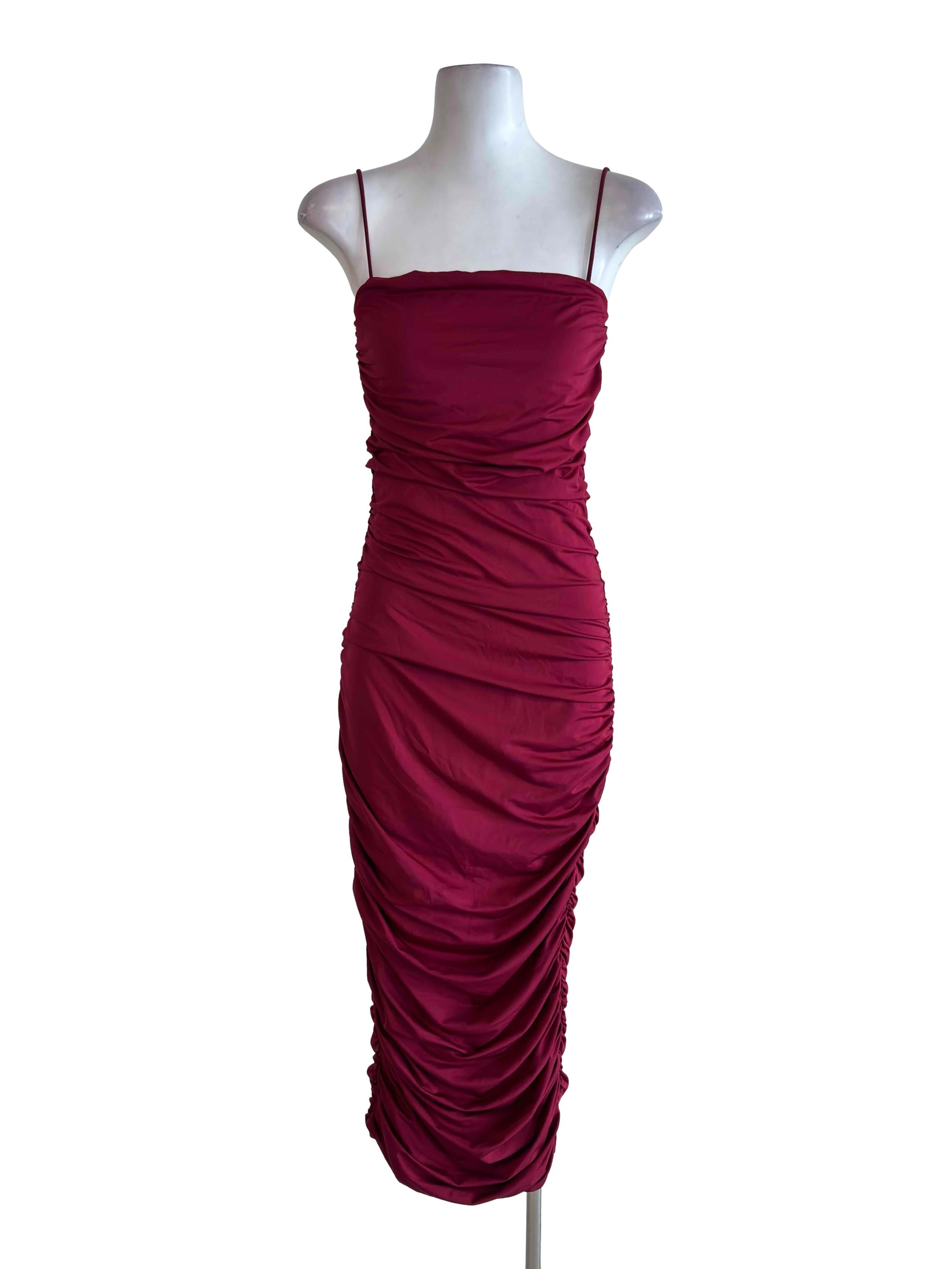 Burgundy Scrunched Fitted Spaghetti Dress