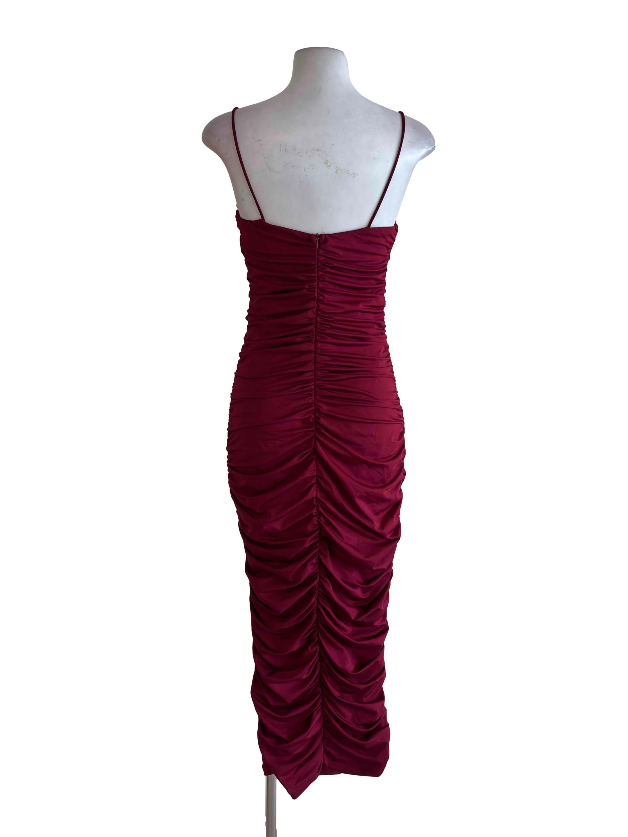 Burgundy Scrunched Fitted Spaghetti Dress
