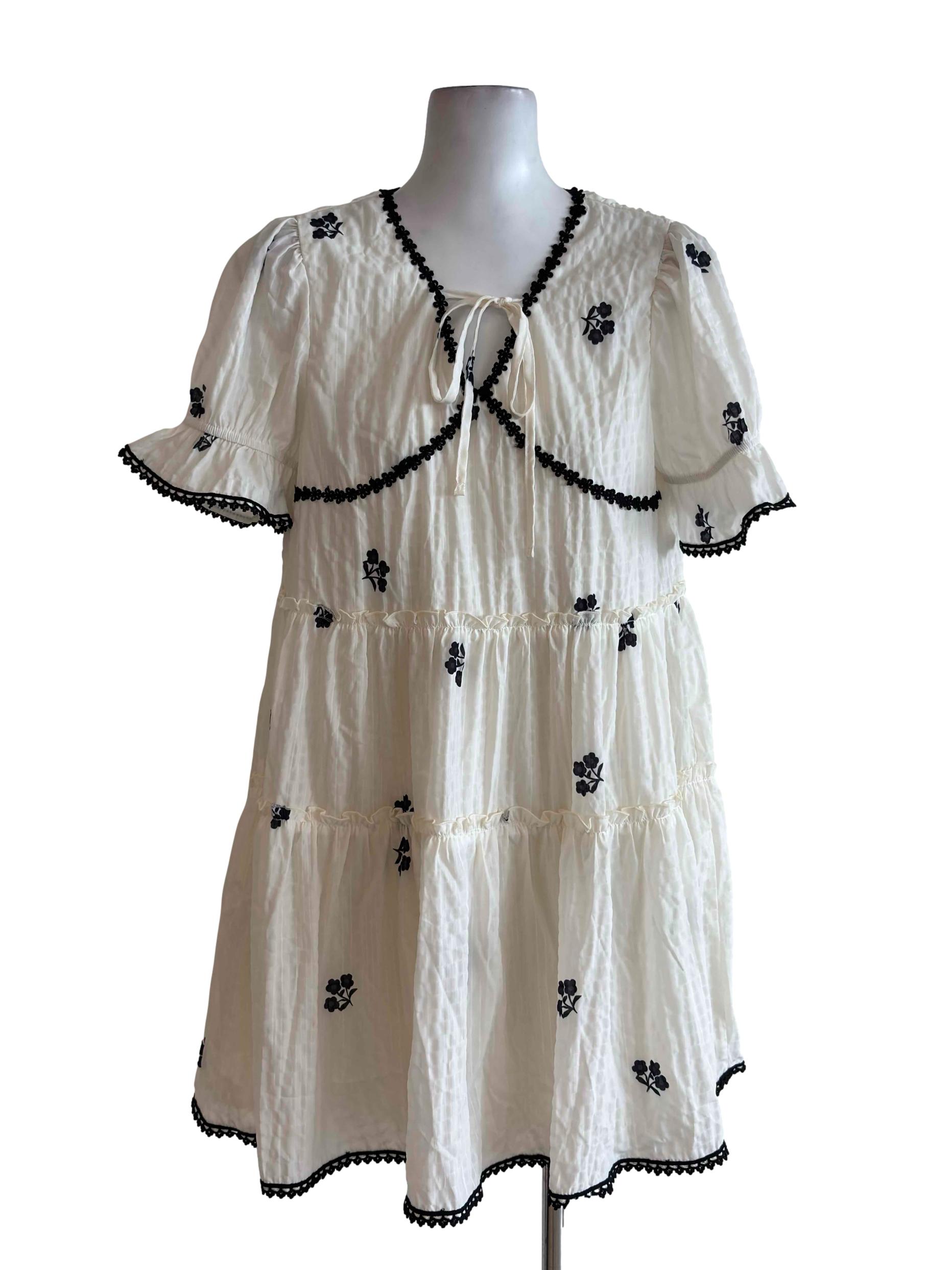 Cream Black Floral Puff Sleeve Mini Dress