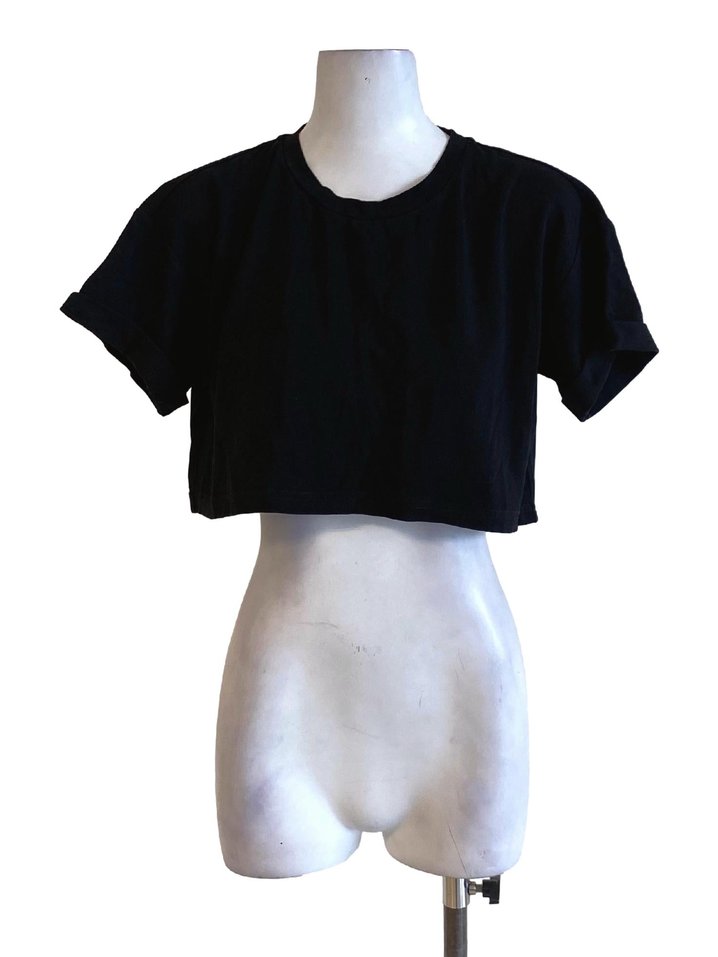 Jade Black Round Neck Rolled Up Sleeve Cropped Shirt