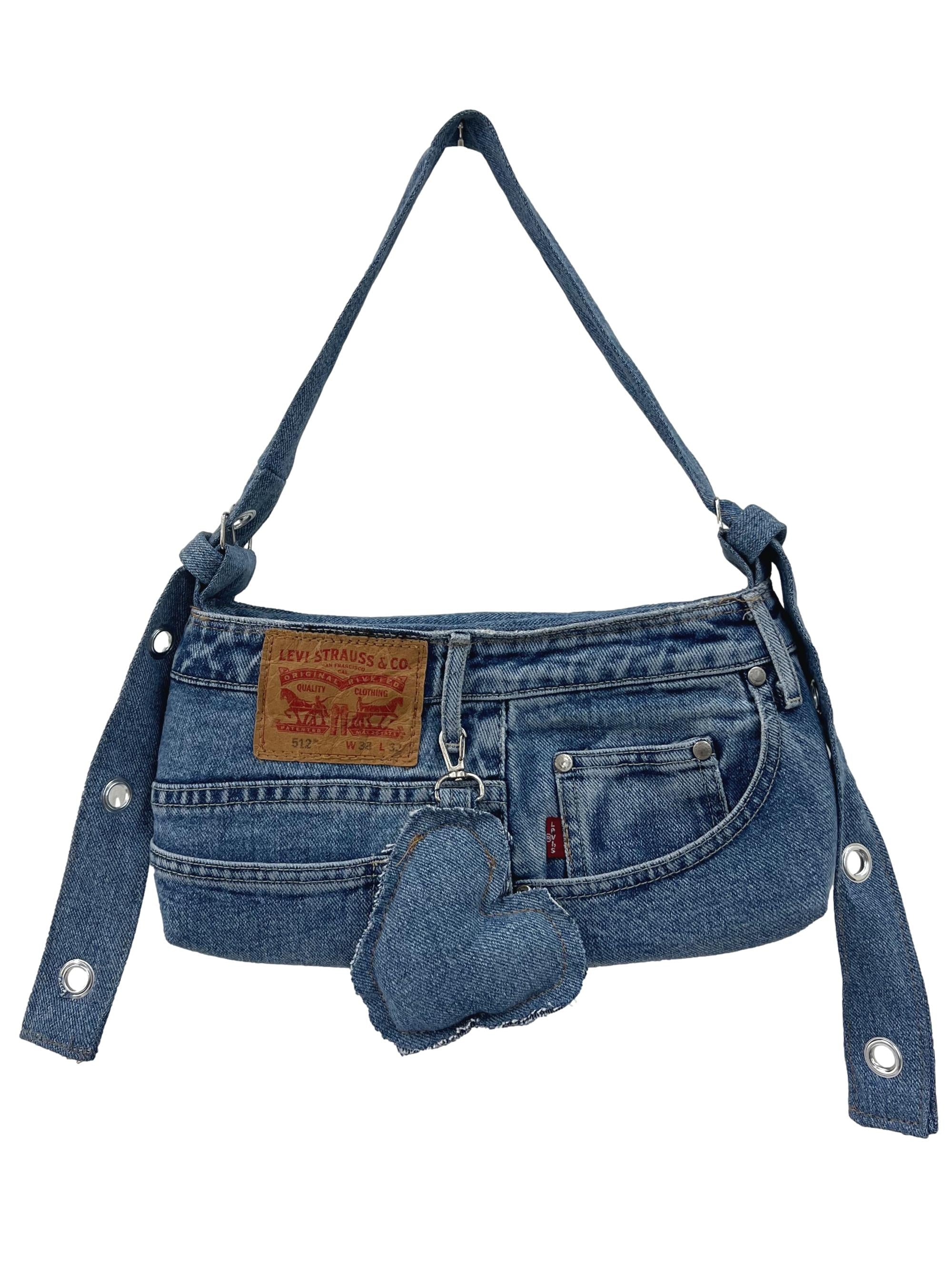 Light Blue Denim Jeans Reworked Handbag With Heart Charm