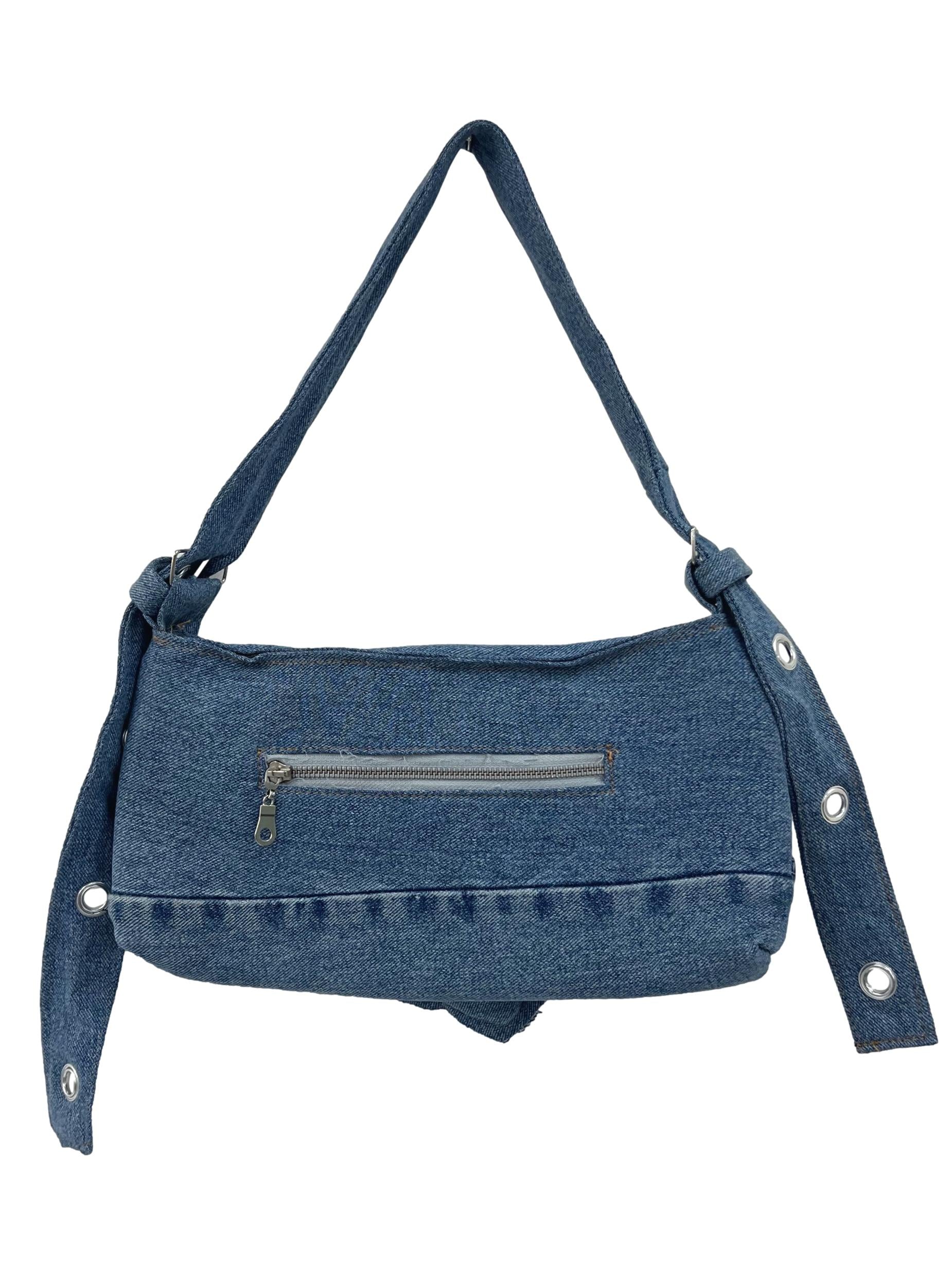 Light Blue Denim Jeans Reworked Handbag With Heart Charm