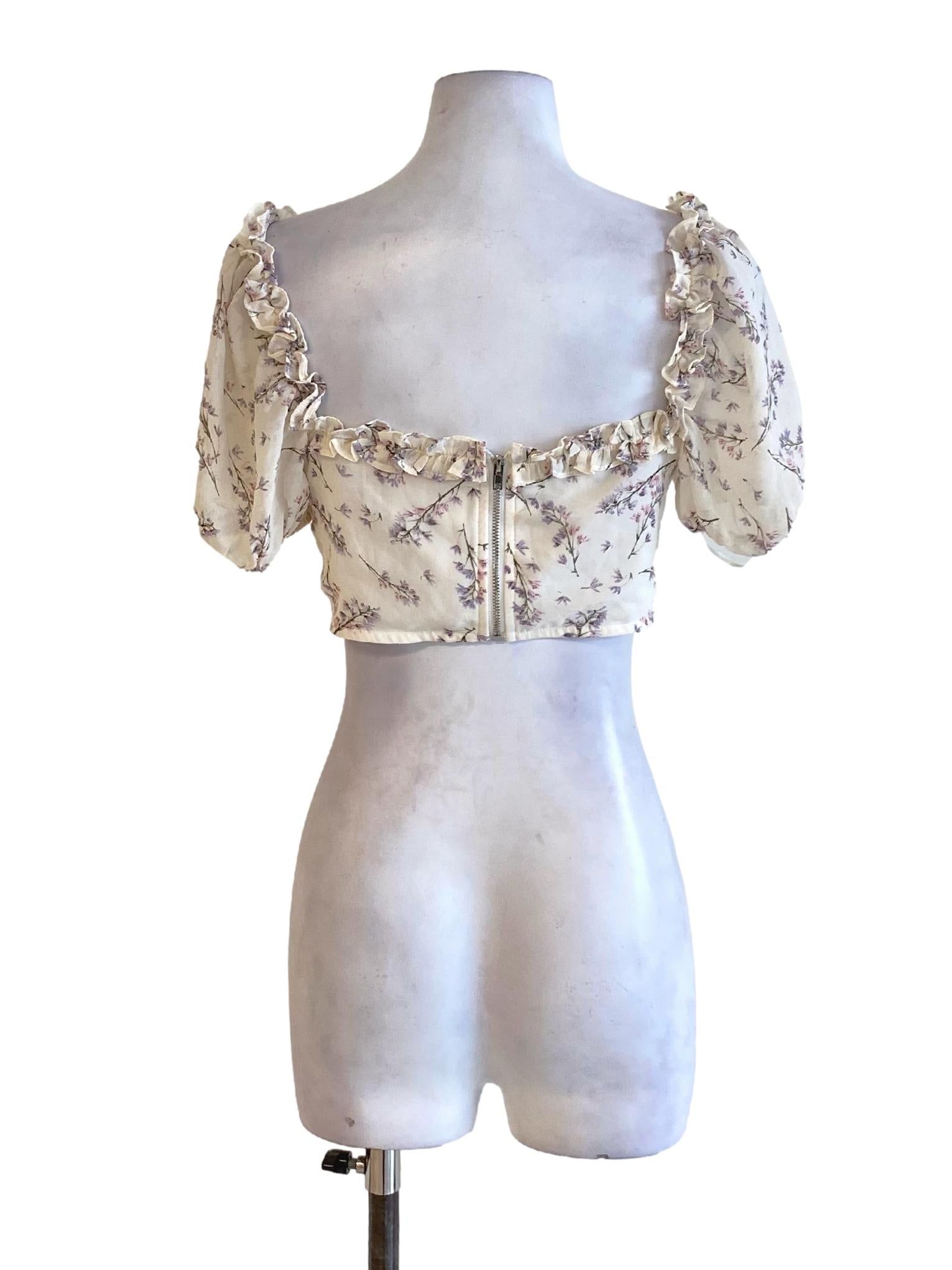 Cream White Floral Ruffle Detail Cropped Top