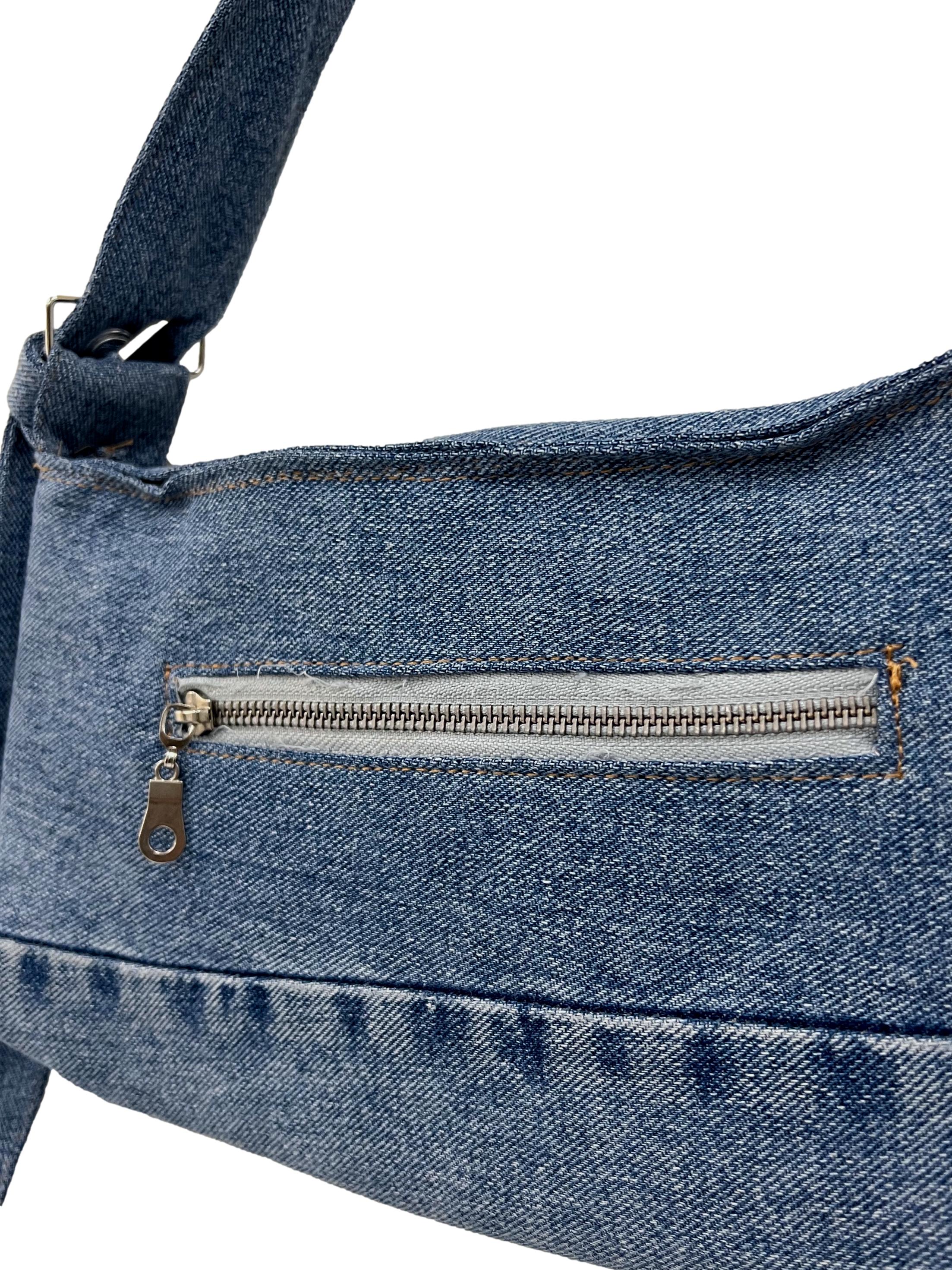 Light Blue Denim Jeans Reworked Handbag With Heart Charm