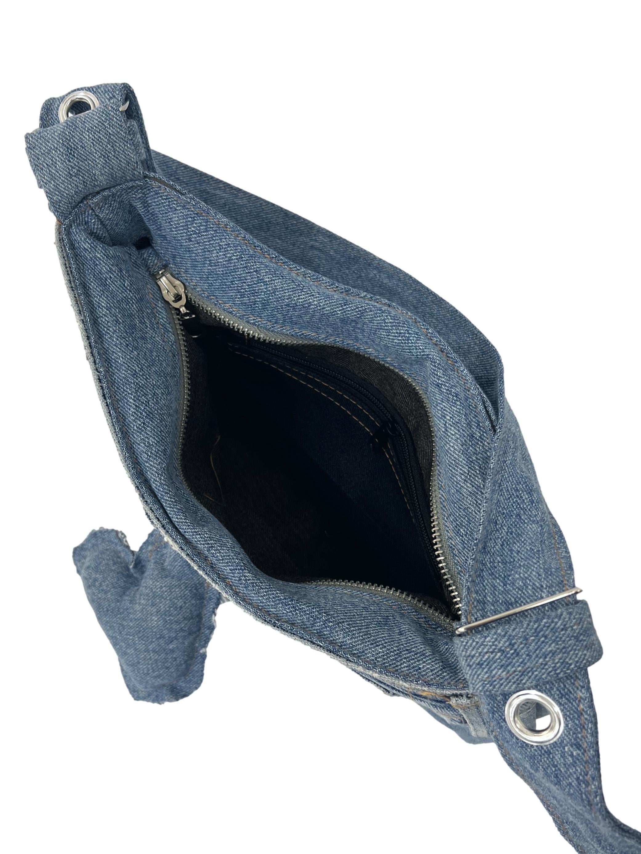 Light Blue Denim Jeans Reworked Handbag With Heart Charm