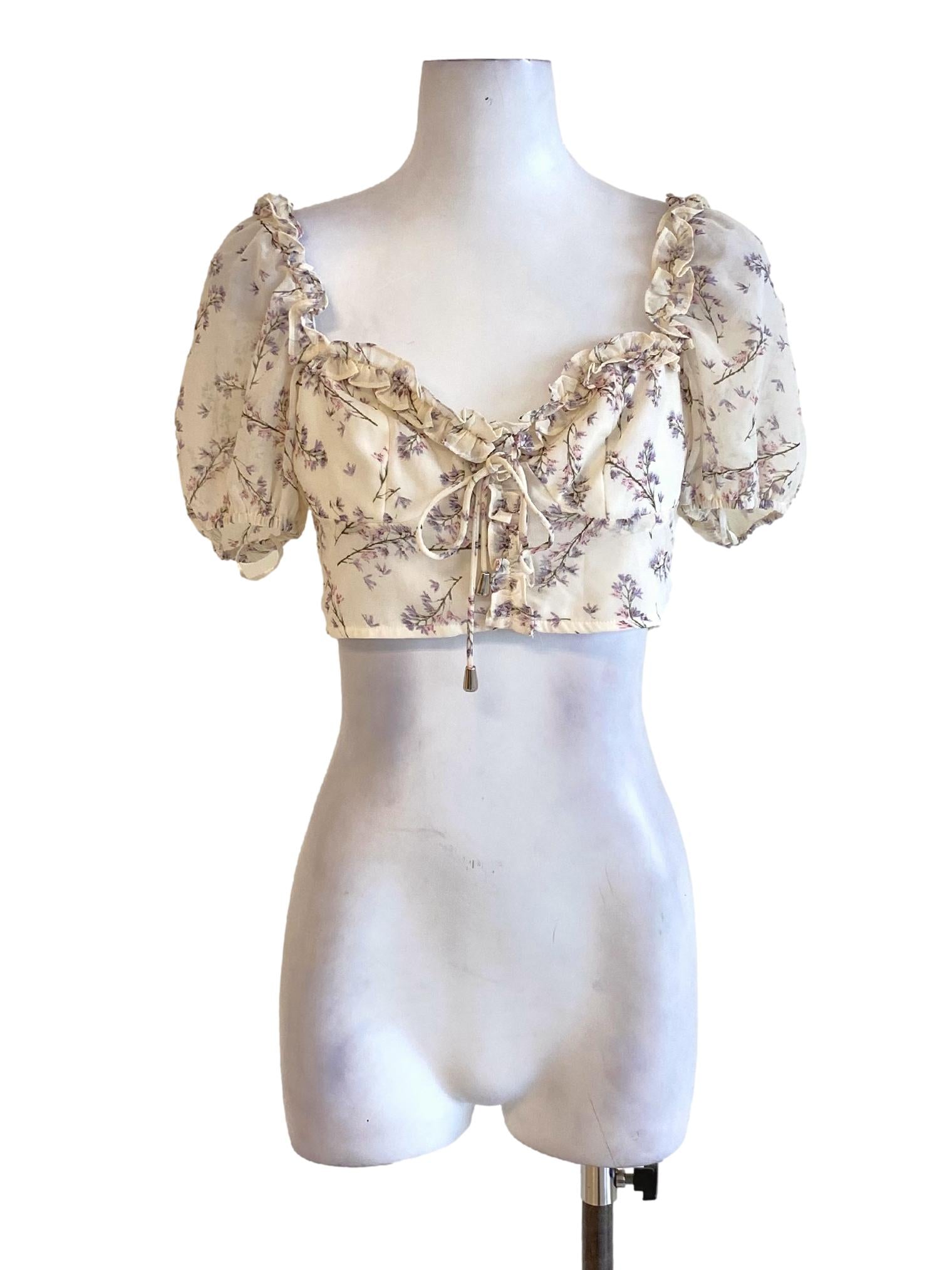 Cream White Floral Ruffle Detail Cropped Top