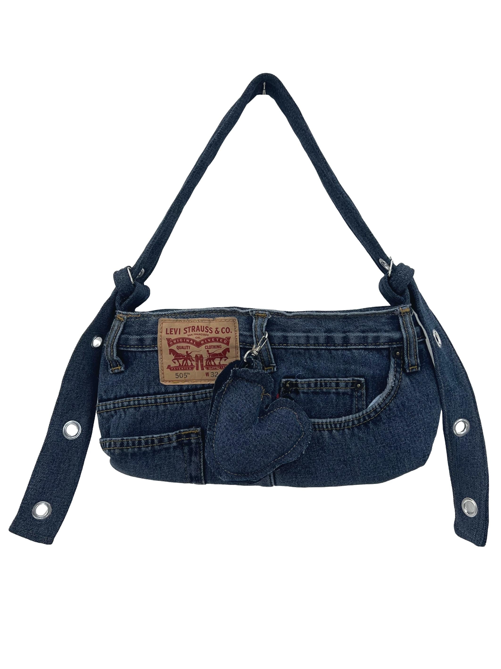 Dark Blue Denim Jeans Reworked Handbag With Heart Charm