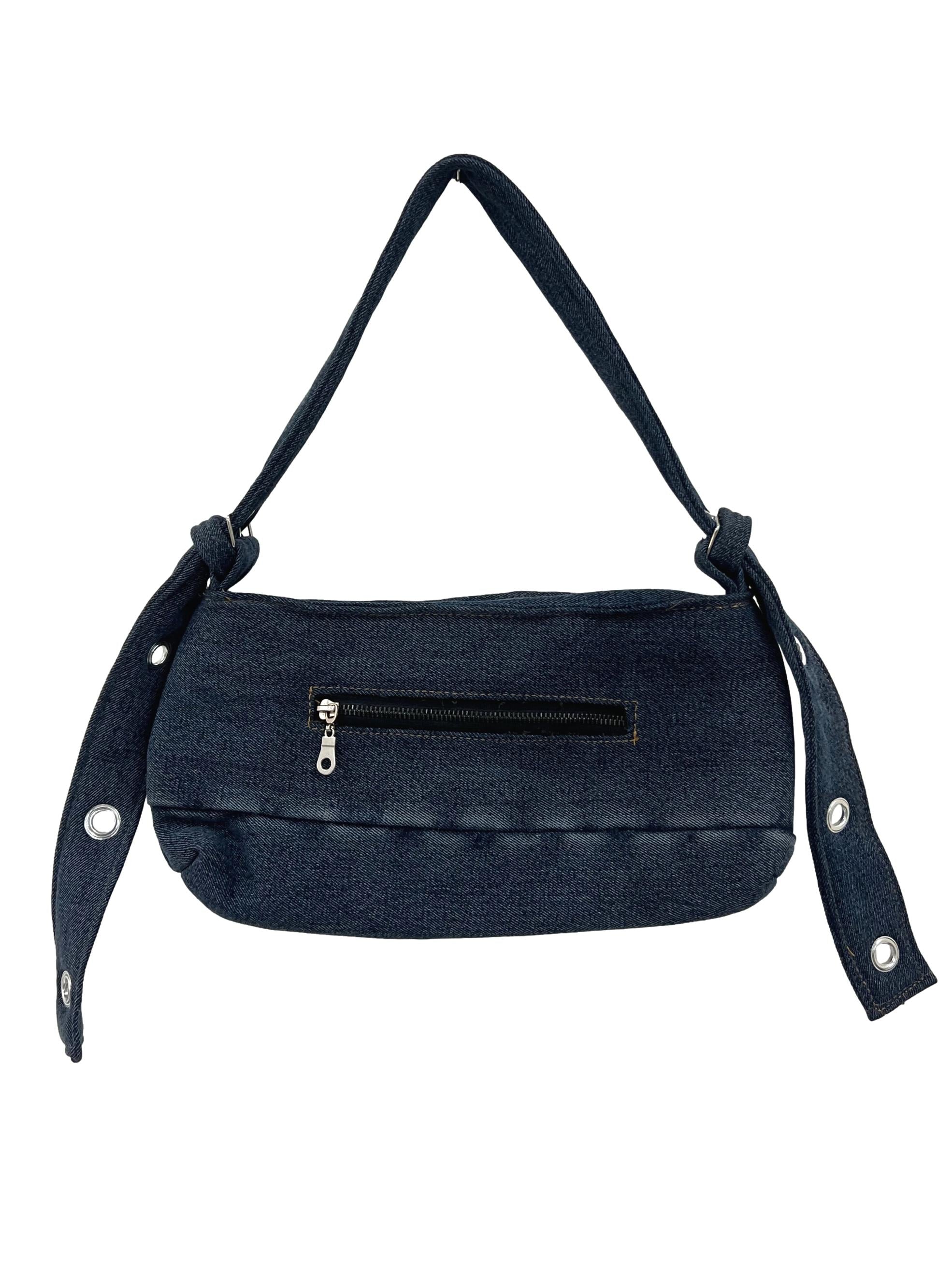 Dark Blue Denim Jeans Reworked Handbag With Heart Charm