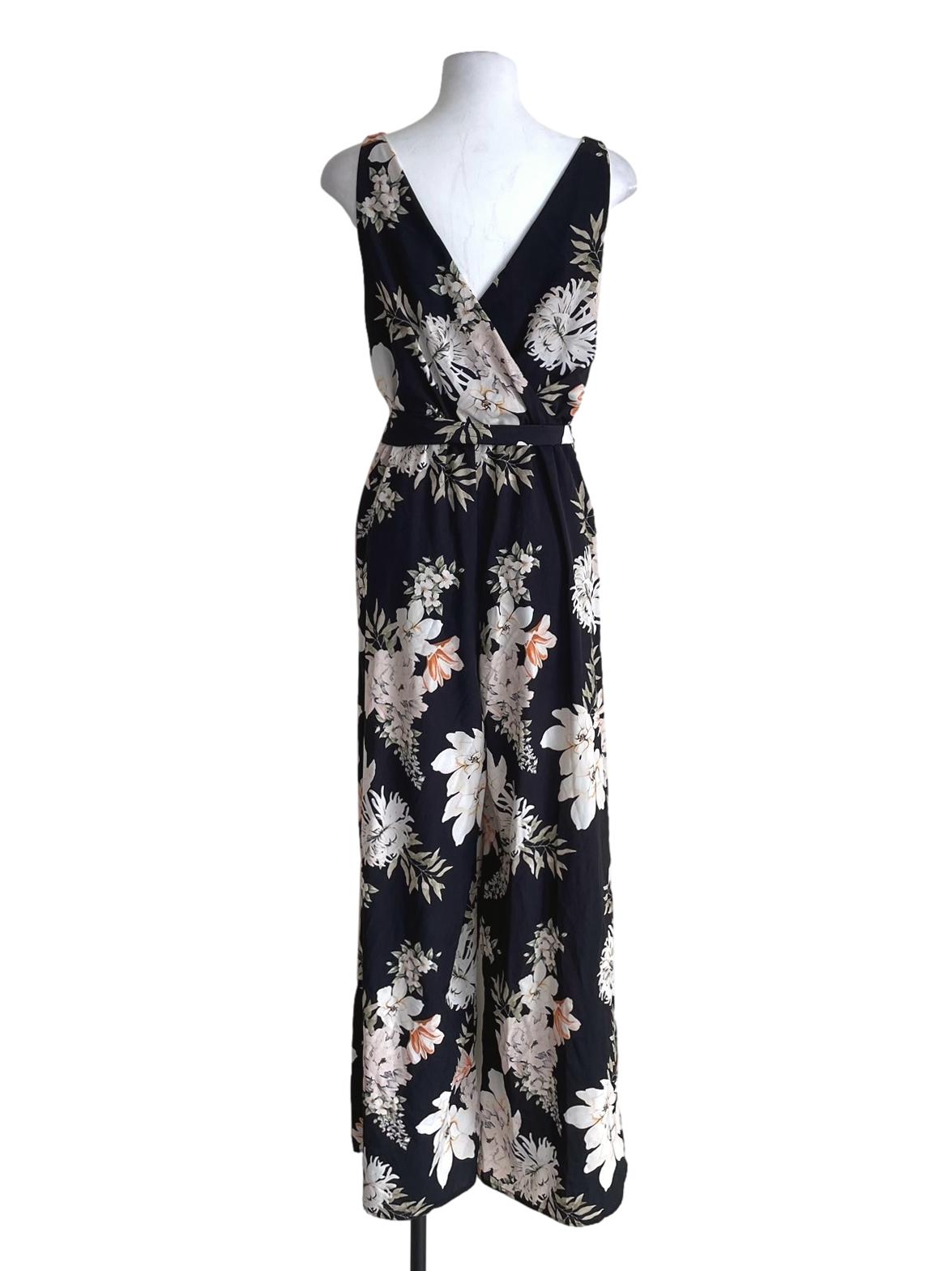 Black Floral Sleeveless Wrap Jumpsuit
