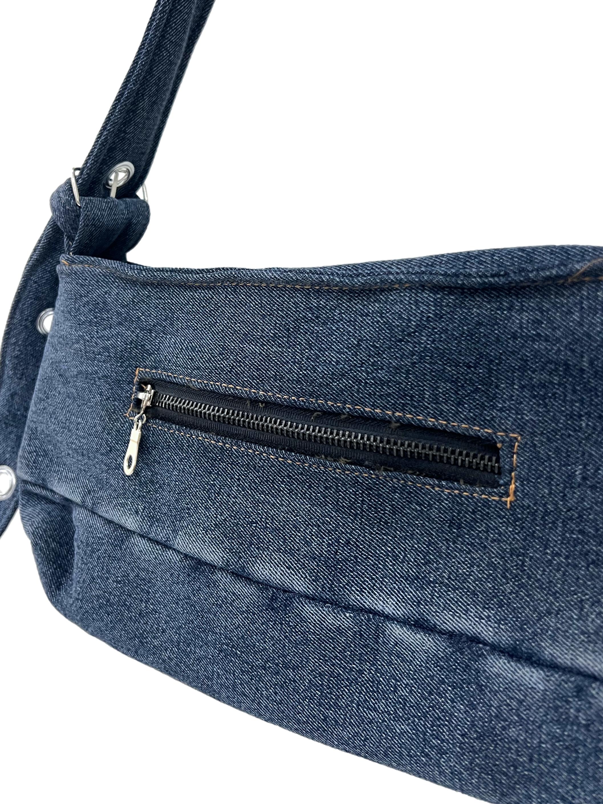Dark Blue Denim Jeans Reworked Handbag With Heart Charm