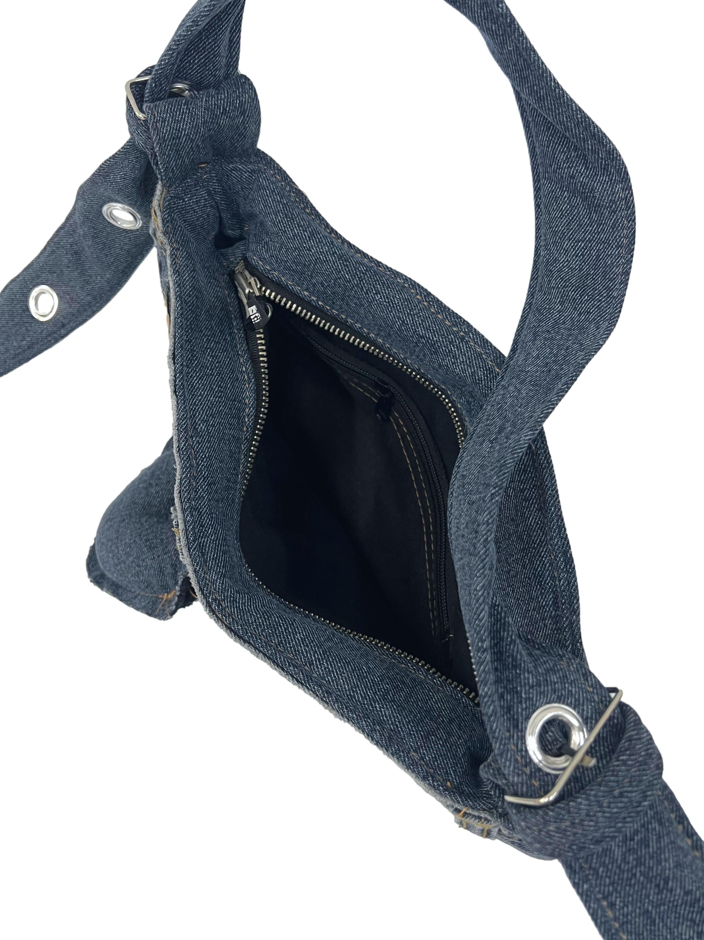 Dark Blue Denim Jeans Reworked Handbag With Heart Charm