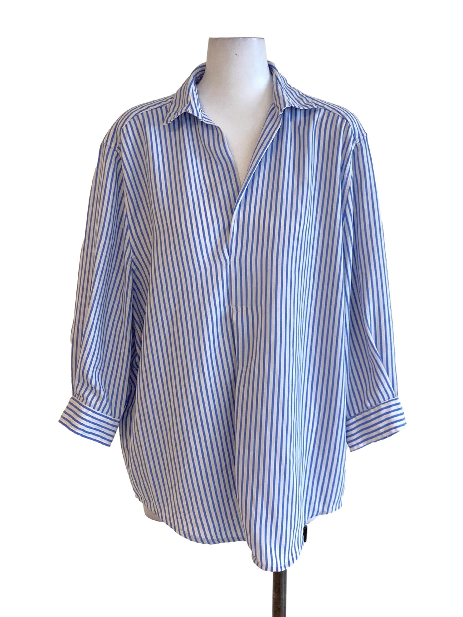 Ash Blue Stripes Buttonless Long Sleeve Shirt Blouse TTR