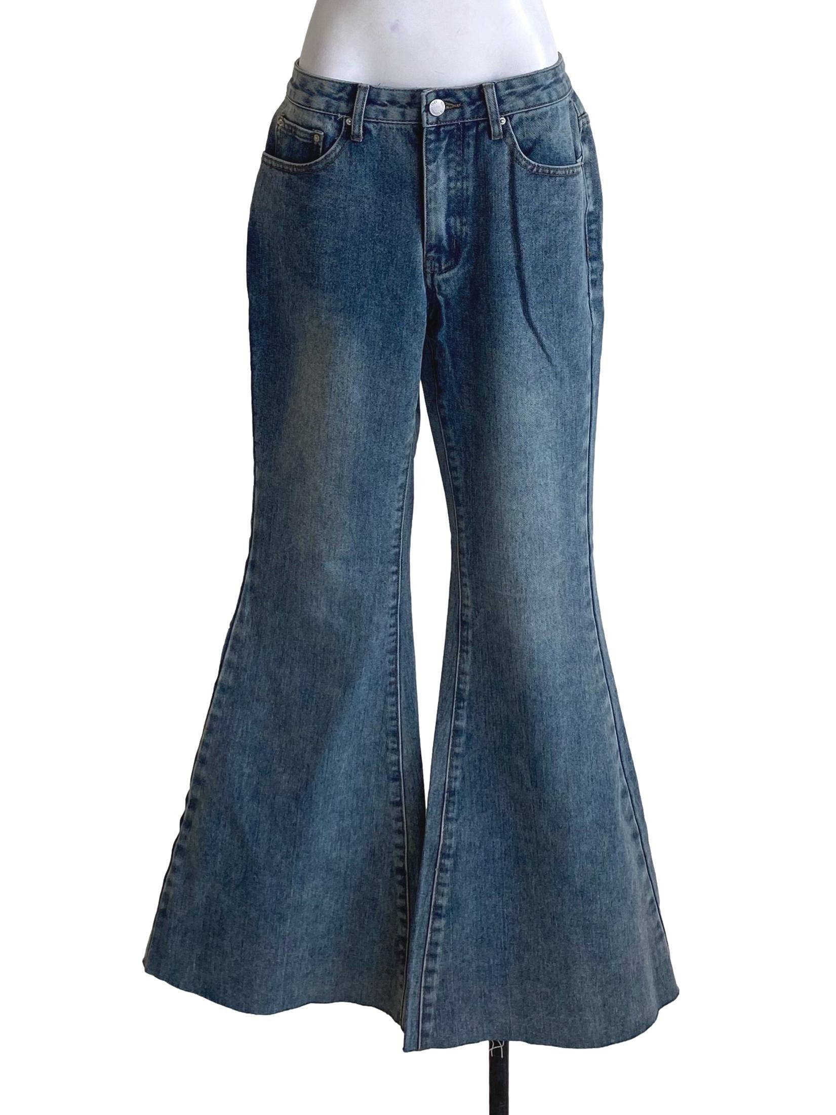 Dark Soft Denim Blue Lower Ripped Flare Jeans YHF